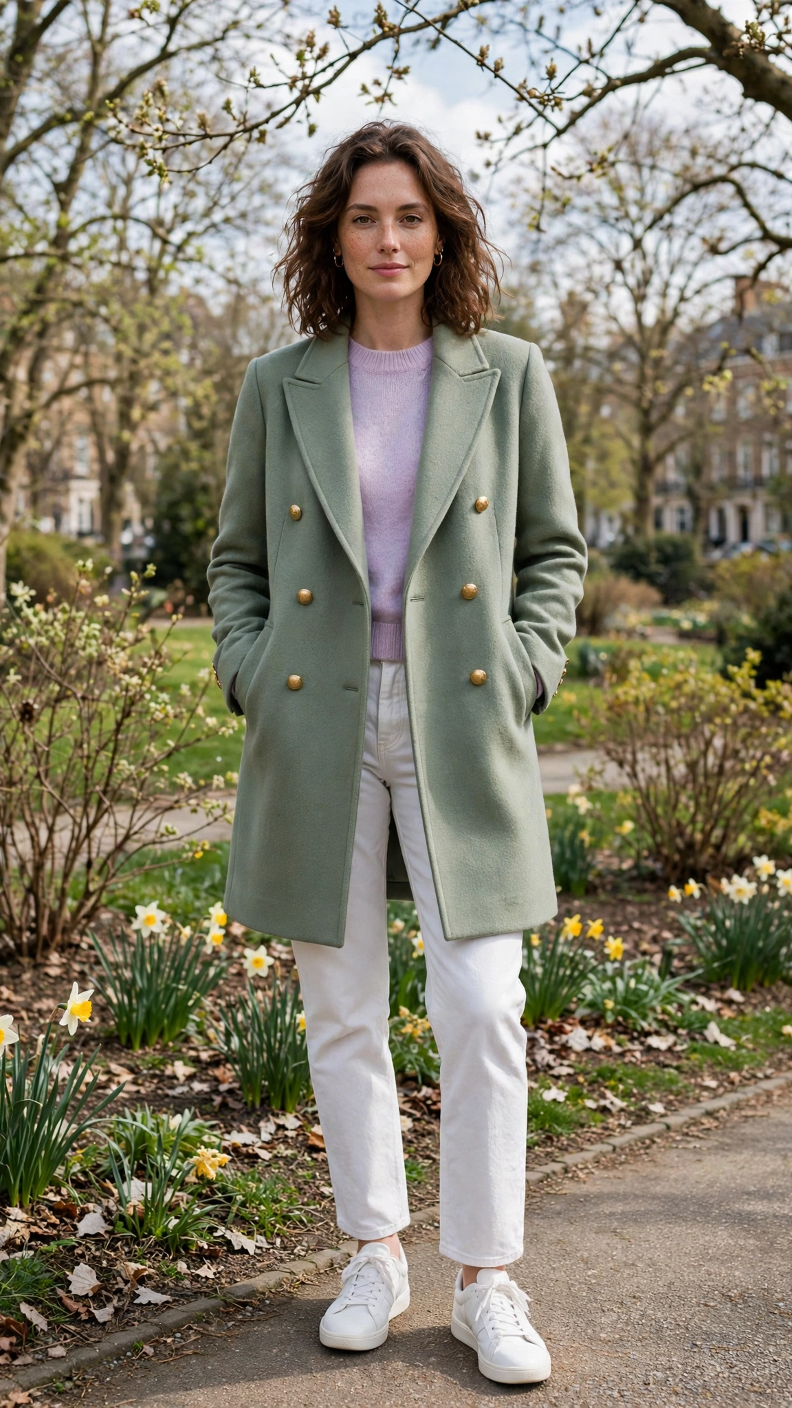 Sage double-breasted coat with a pastel sweater and white jeans