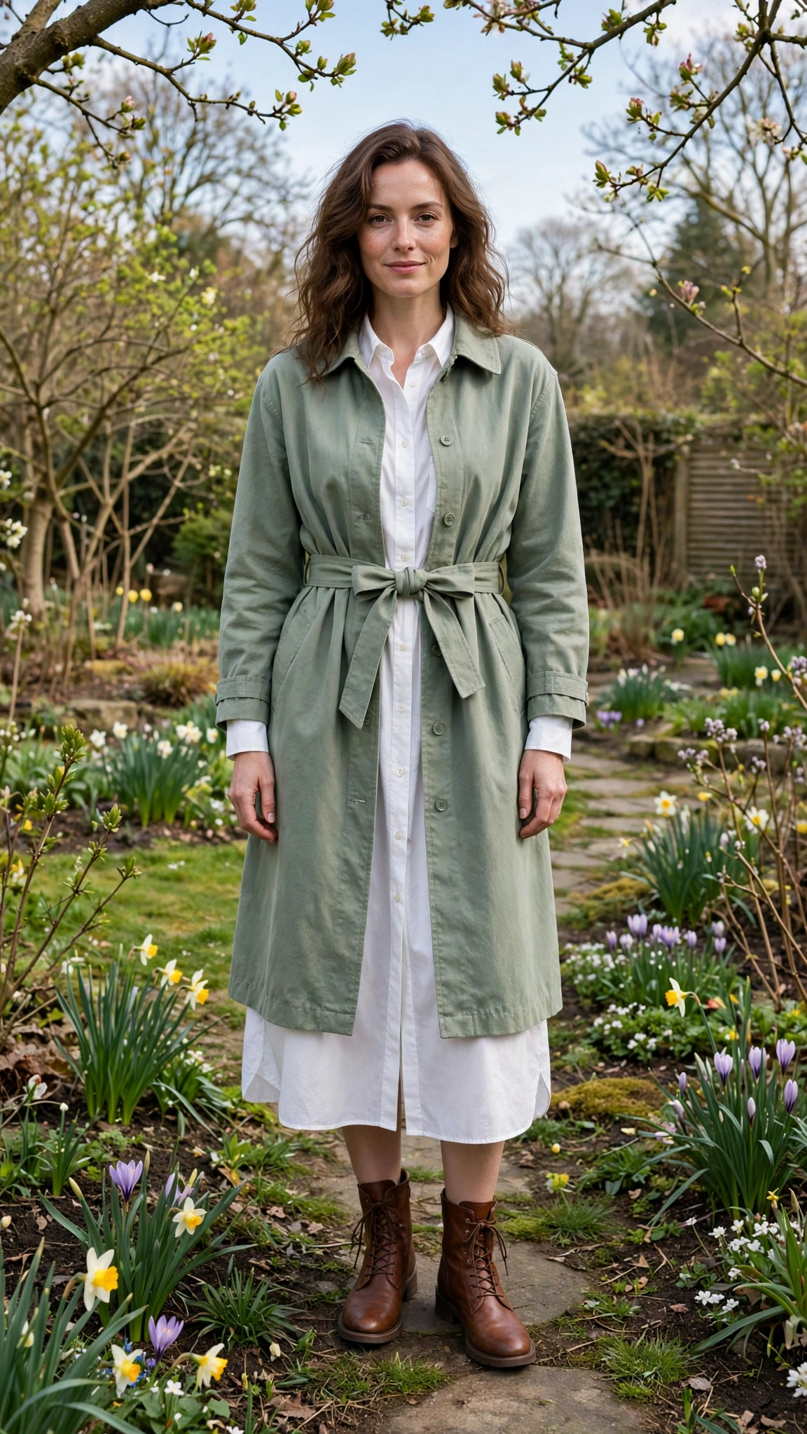 Sage belted coat with a white shirt dress