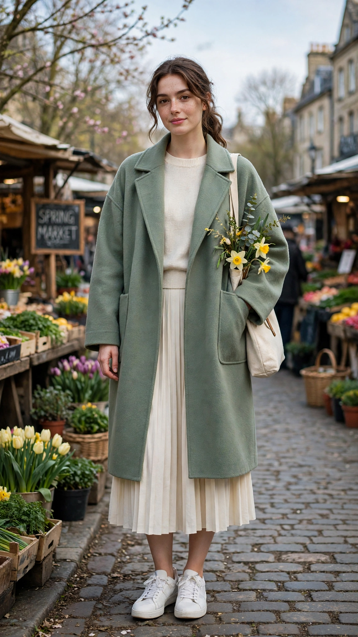 Sage oversized coat with a cream pleated skirt