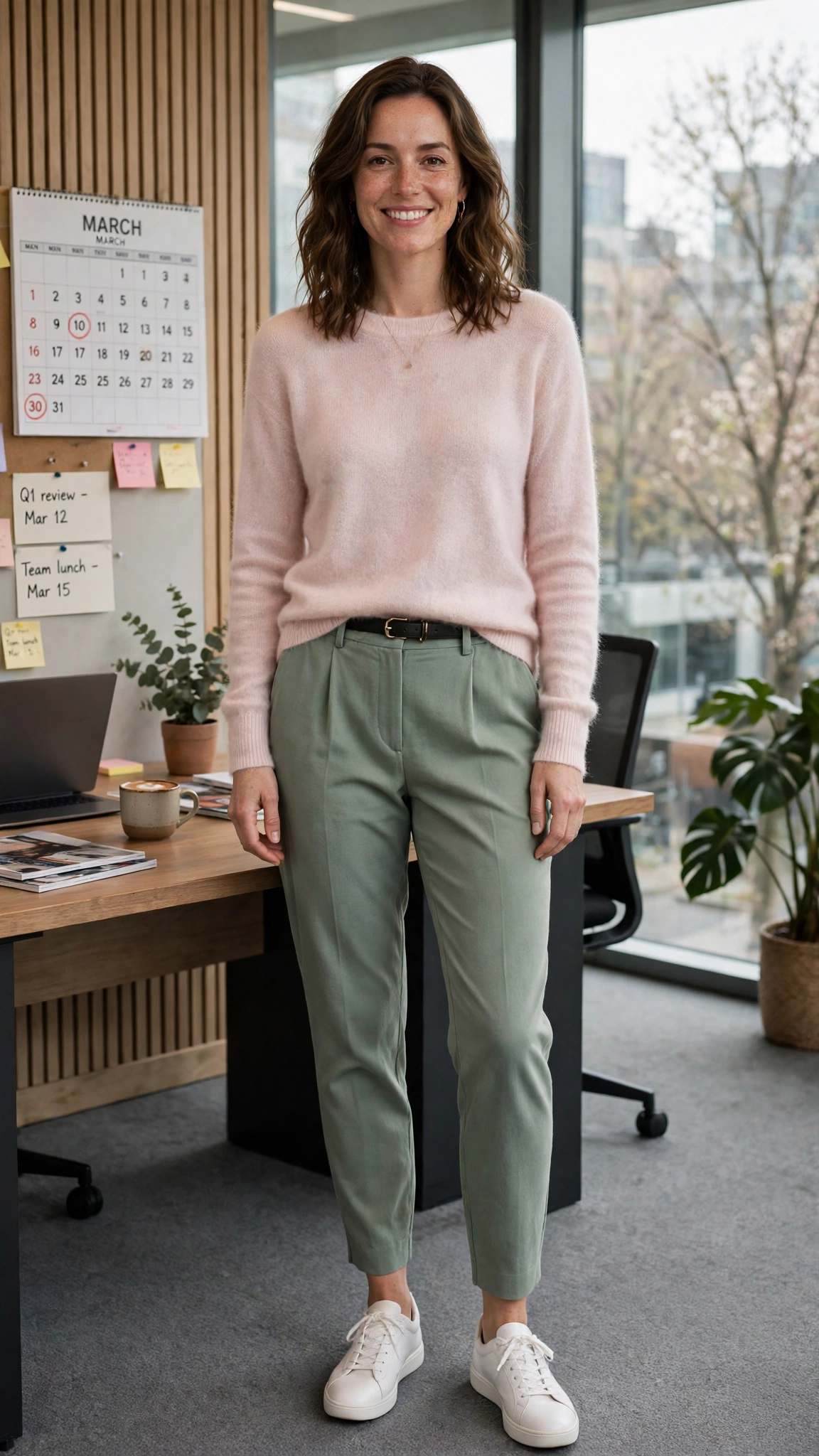 Sage green tapered trousers with a pale pink cashmere sweater