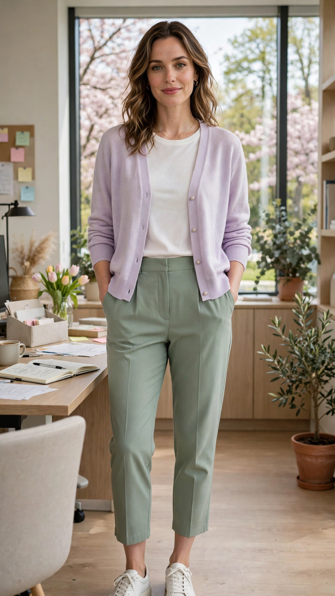 Sage green cropped trousers with a pastel cardigan