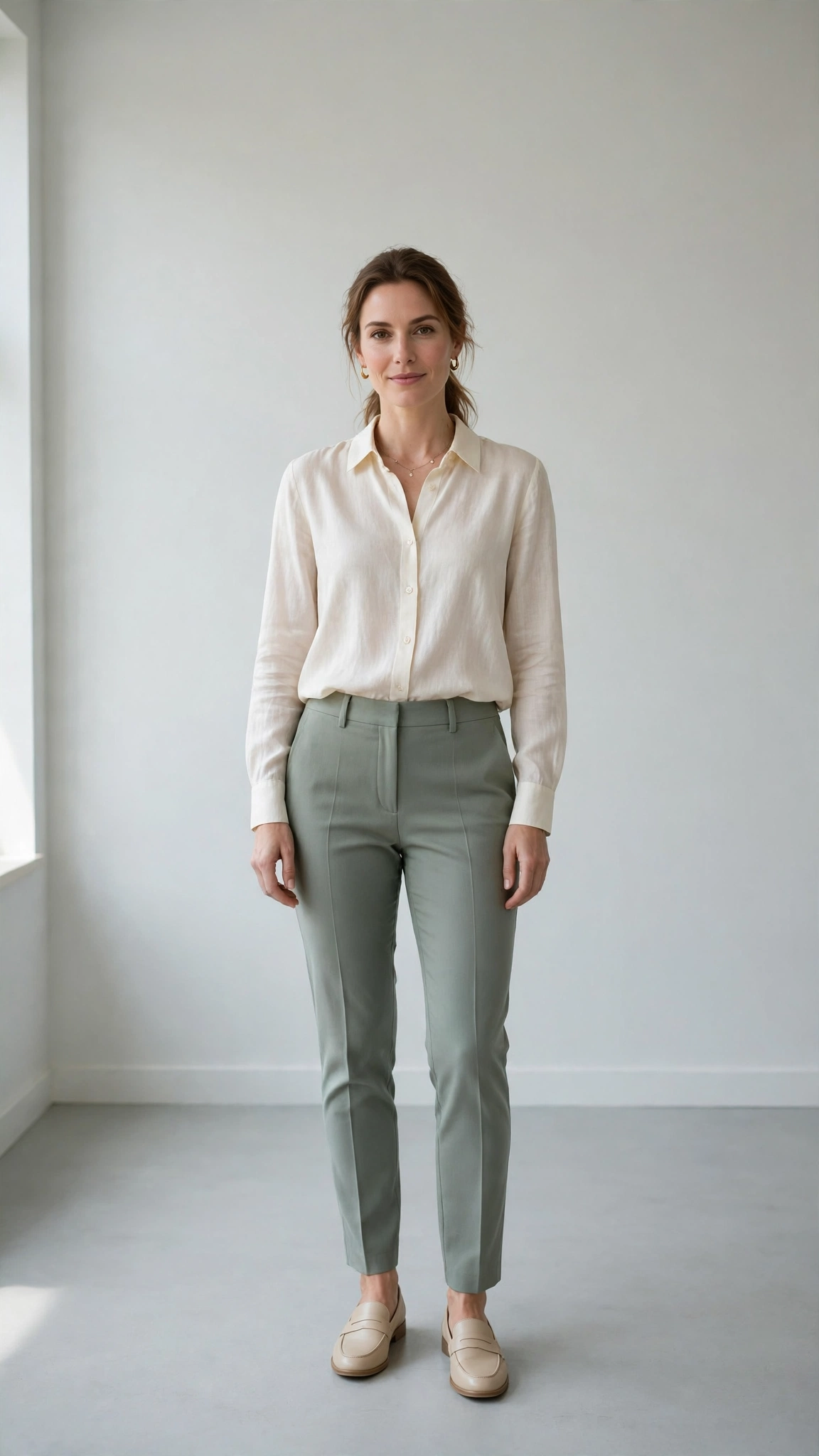Sage green slim trousers with an ivory blouse