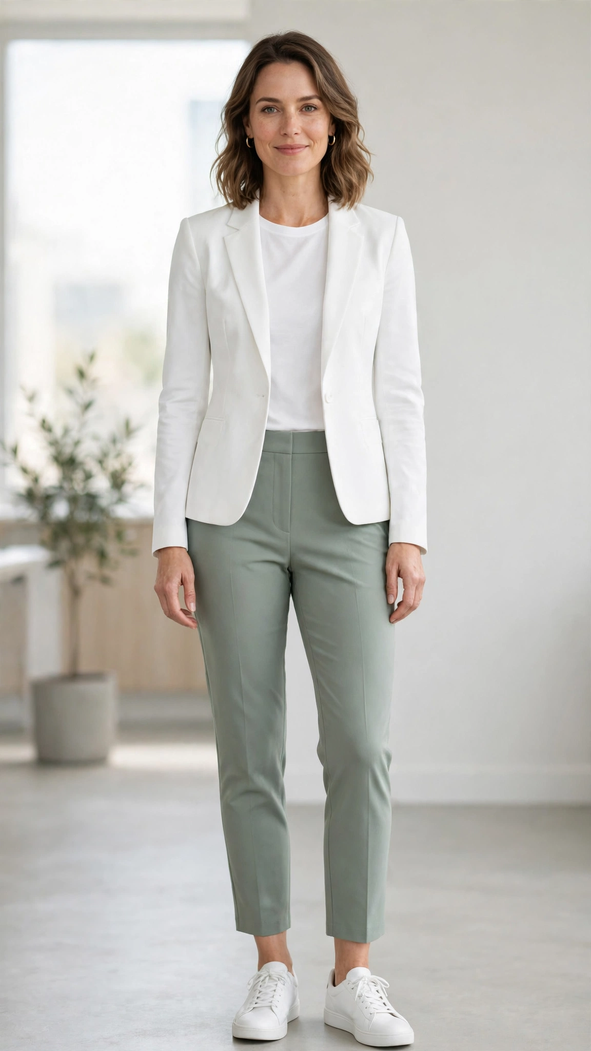 Sage green ankle-length trousers with a white fitted jacket