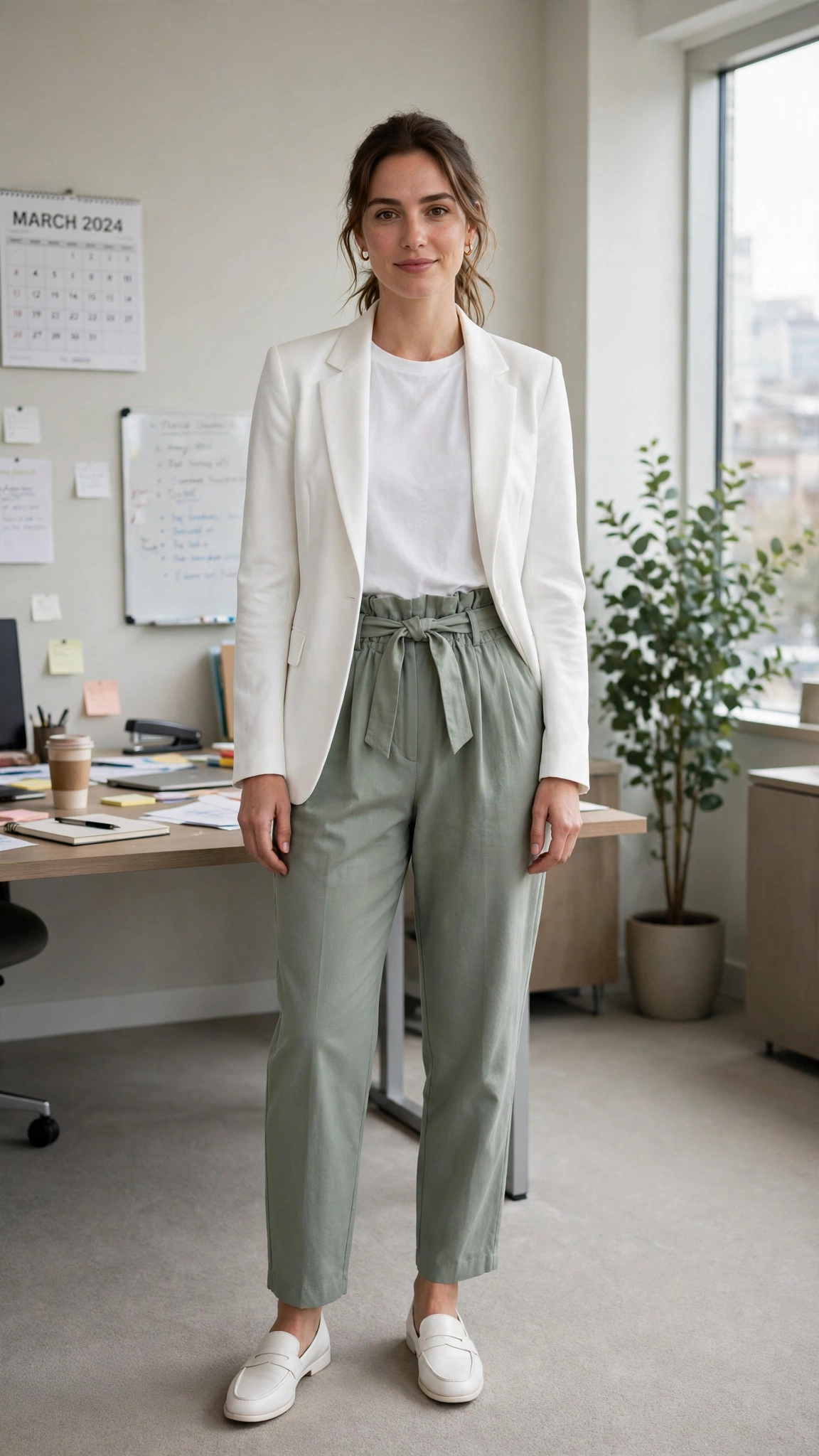 Sage green paperbag-waist trousers with a structured white blazer