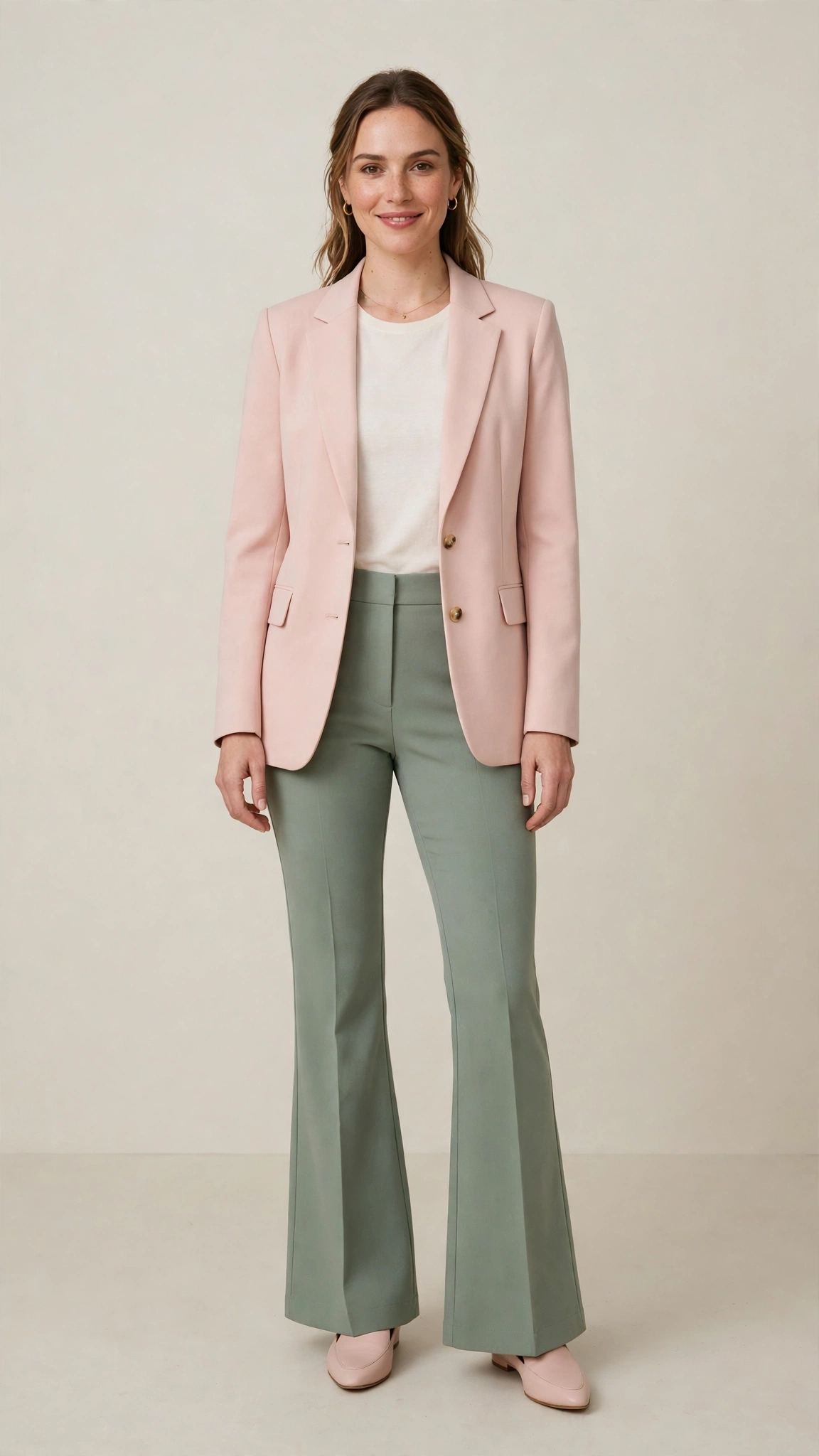 Sage green flared trousers with a blush blazer
