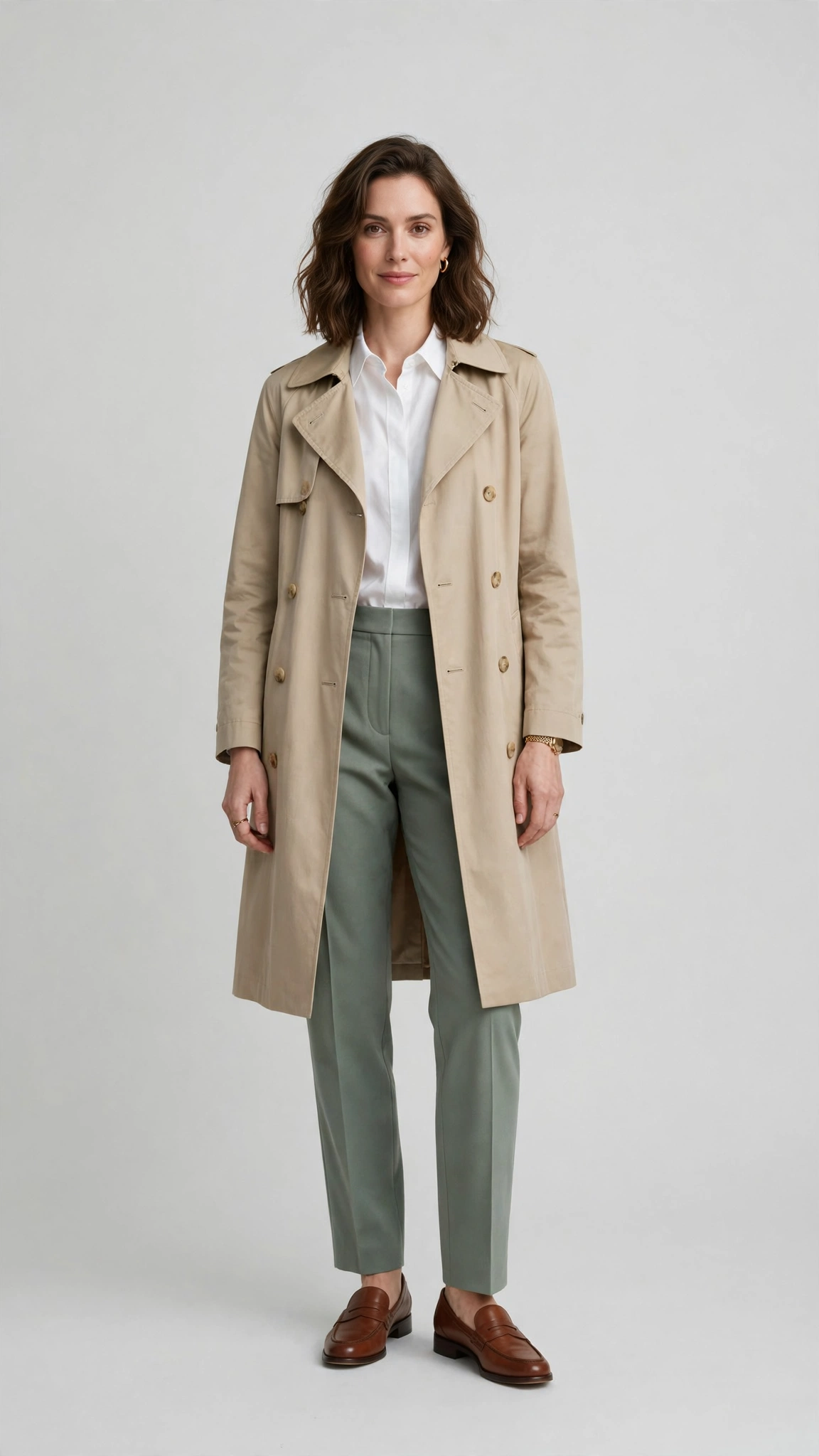 Sage green tailored trousers with a beige trench coat