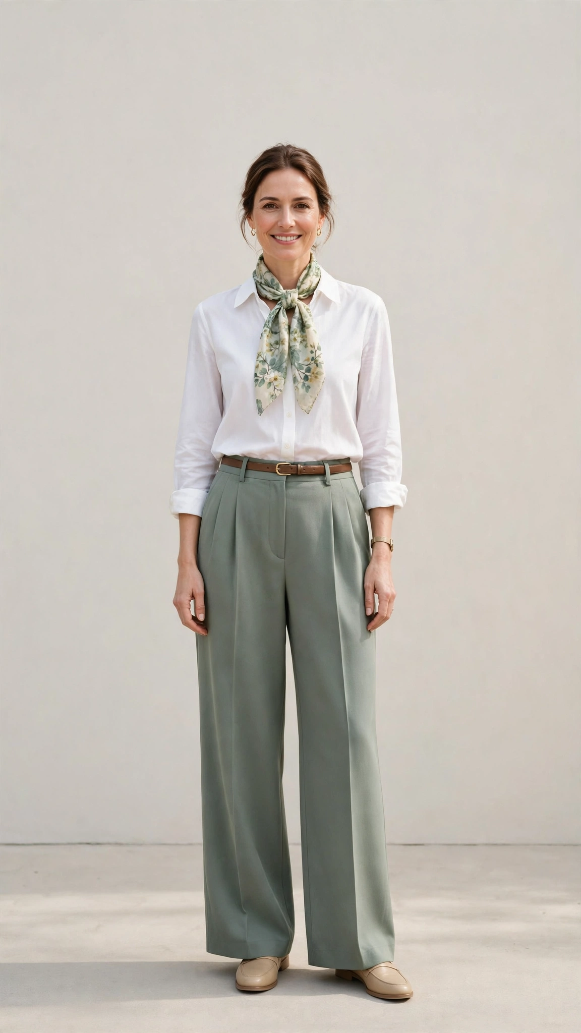 Sage green wide-leg trousers with a silk scarf and white blouse