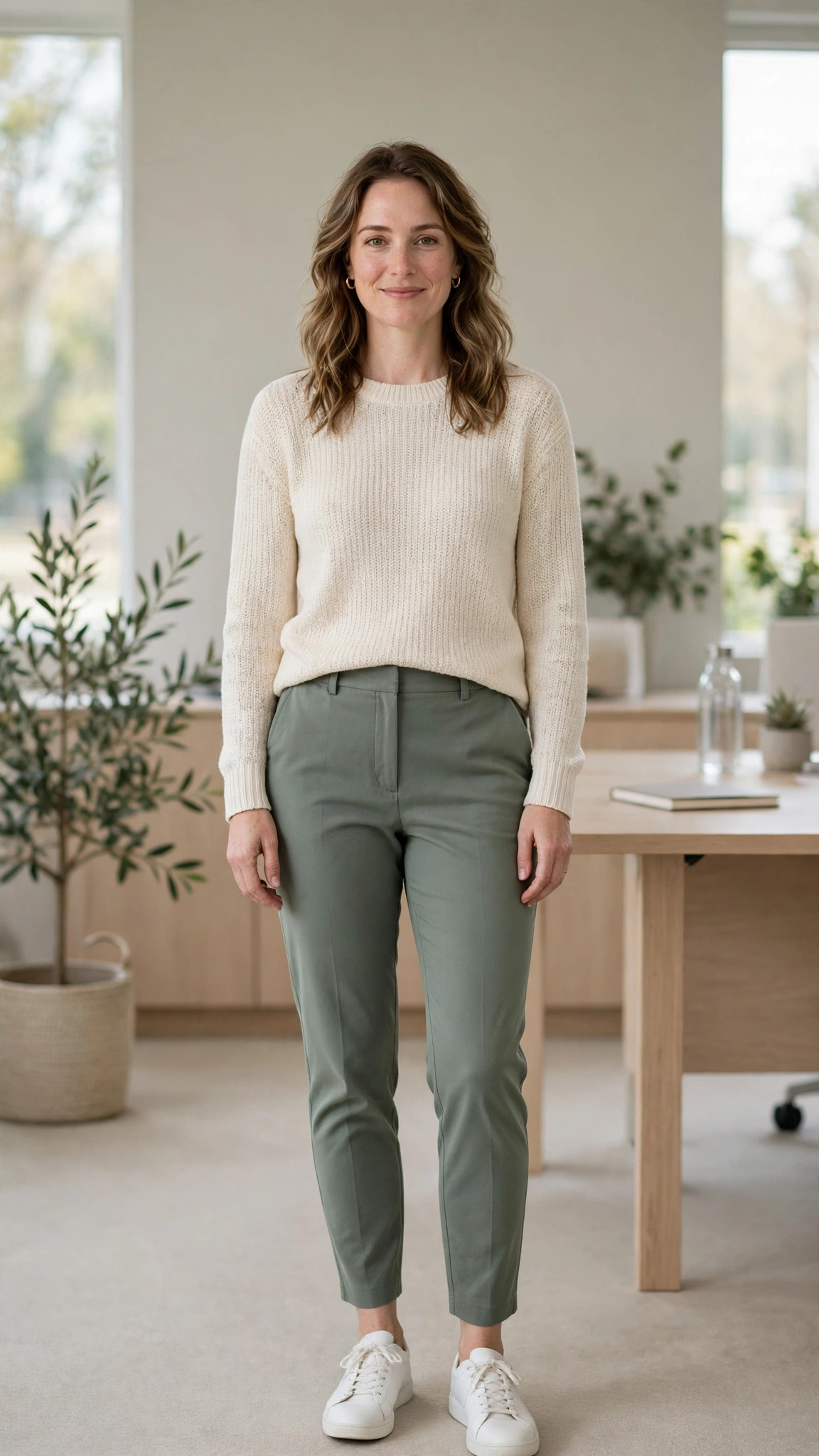 Sage green tapered trousers with a cream knit top