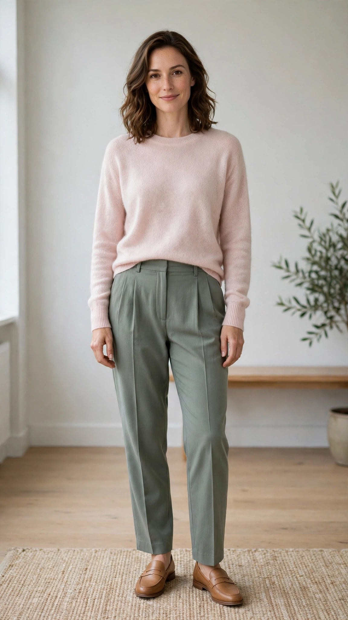 Sage green pleated trousers with a pale pink cashmere sweater