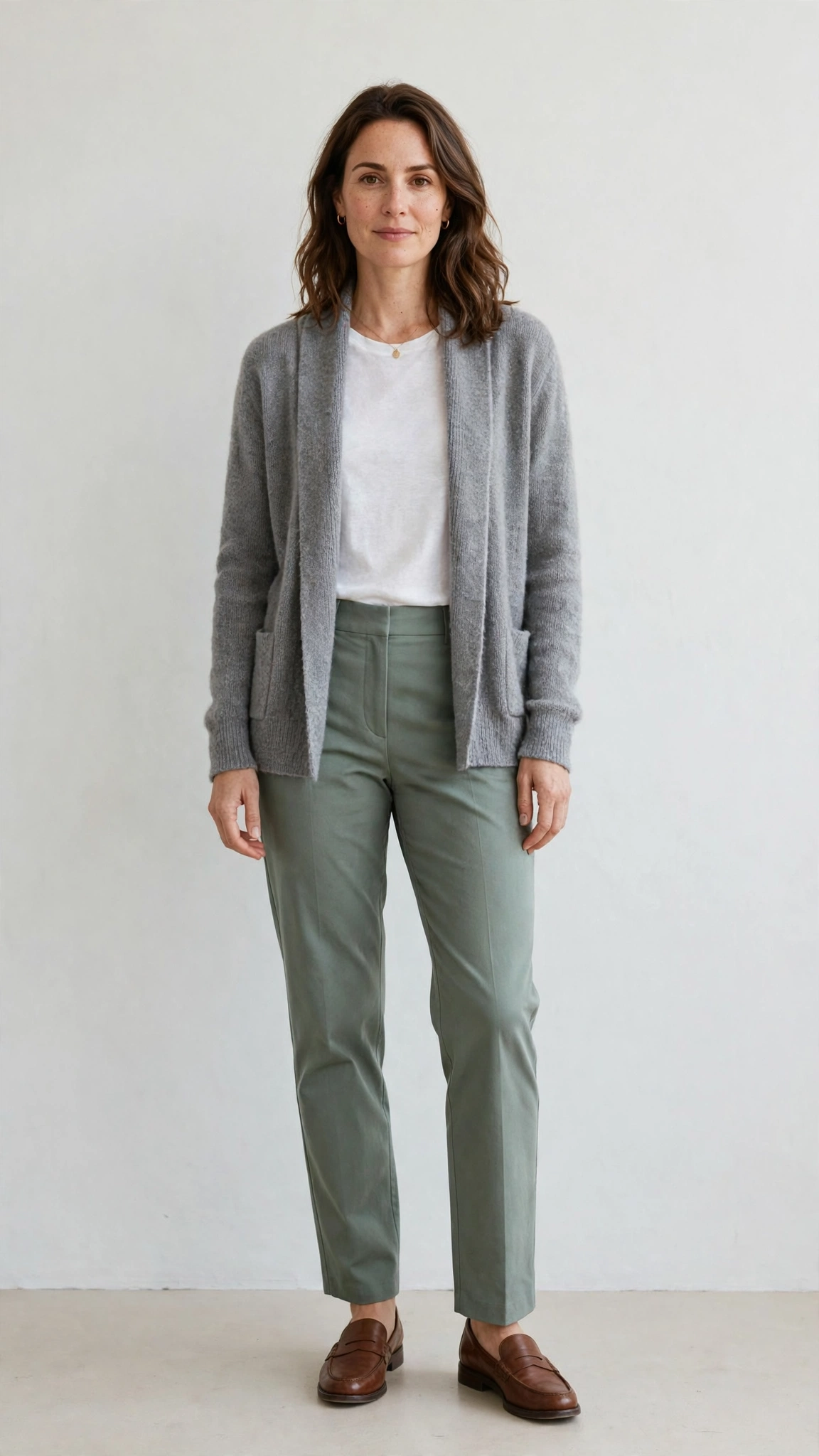 Sage green straight-leg trousers with a soft grey cardigan