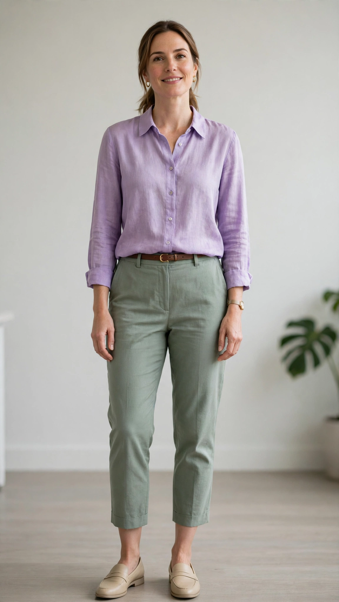 Sage green cropped trousers with a lilac blouse