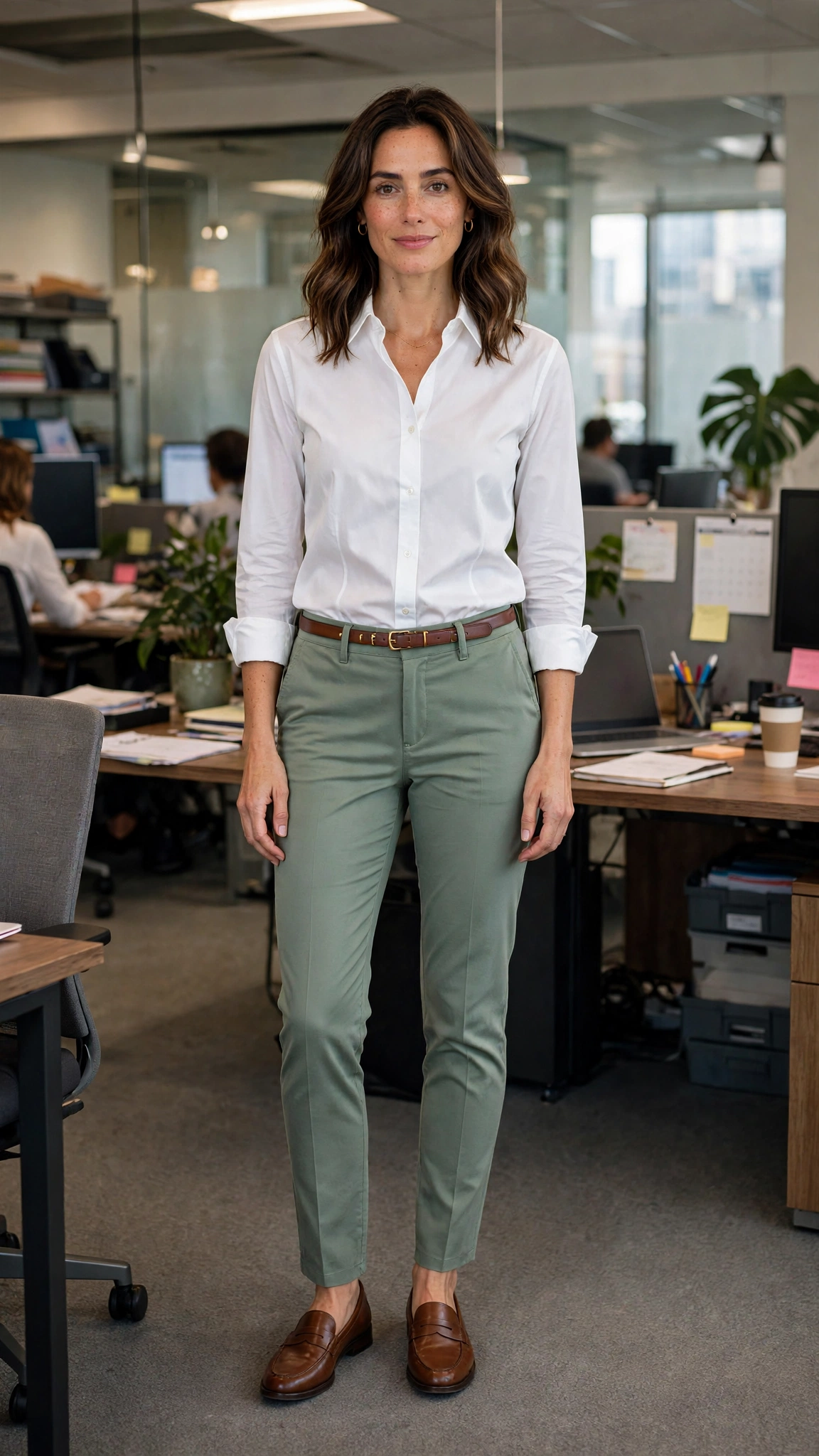 Sage green slim trousers with a white shirt