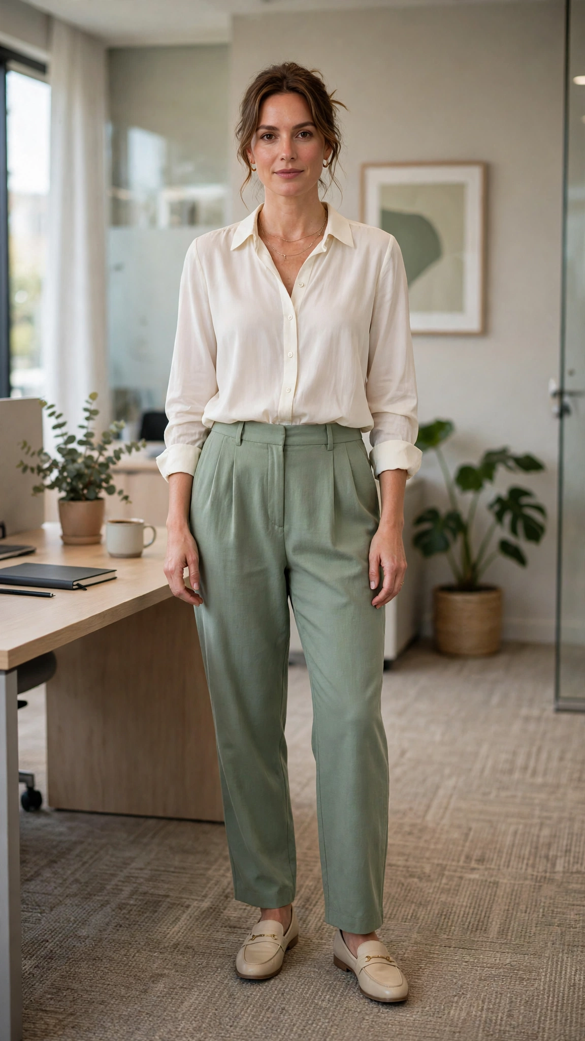Sage green relaxed trousers with an ivory blouse