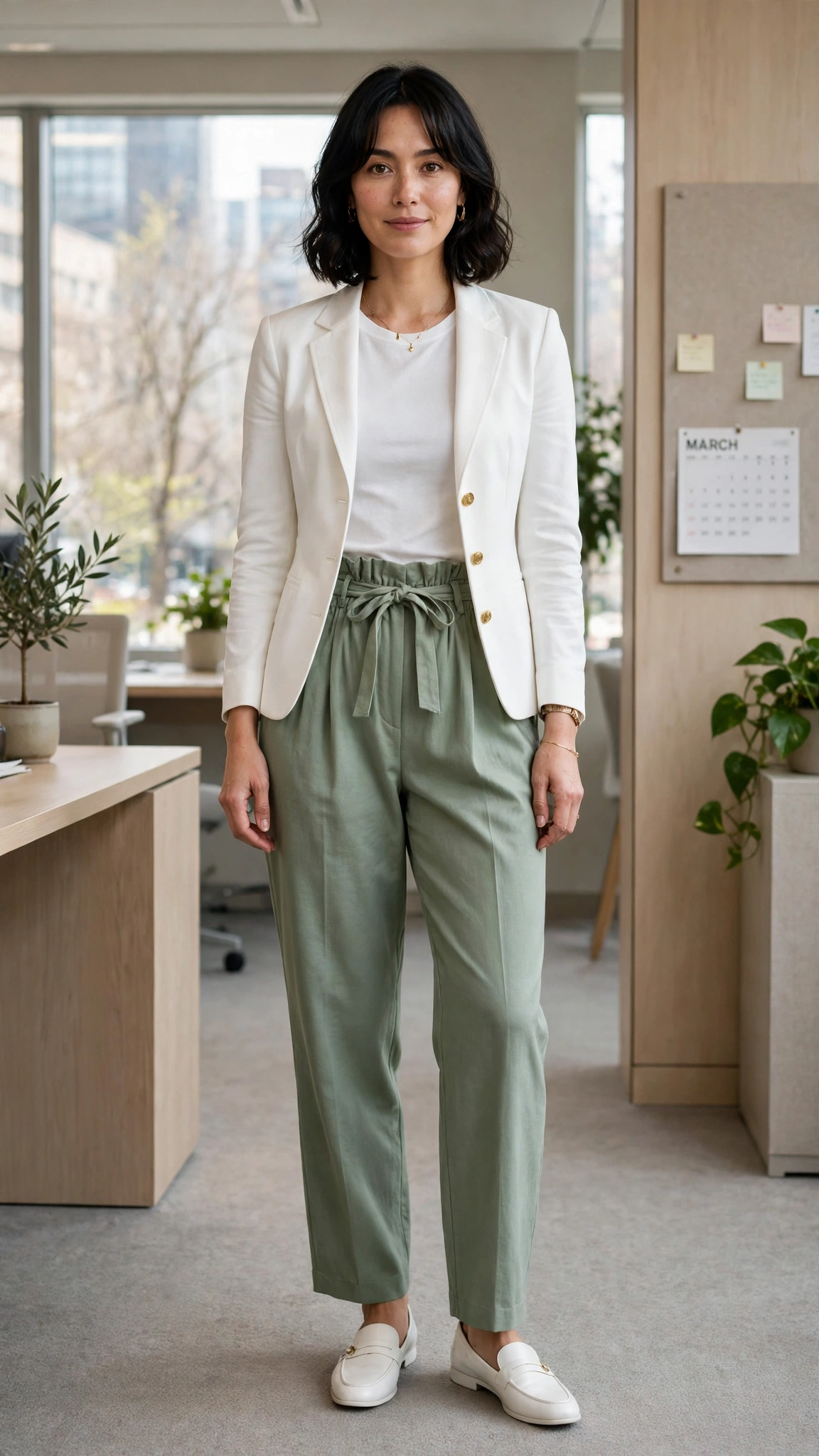 Sage green paperbag-waist trousers with a white fitted jacket