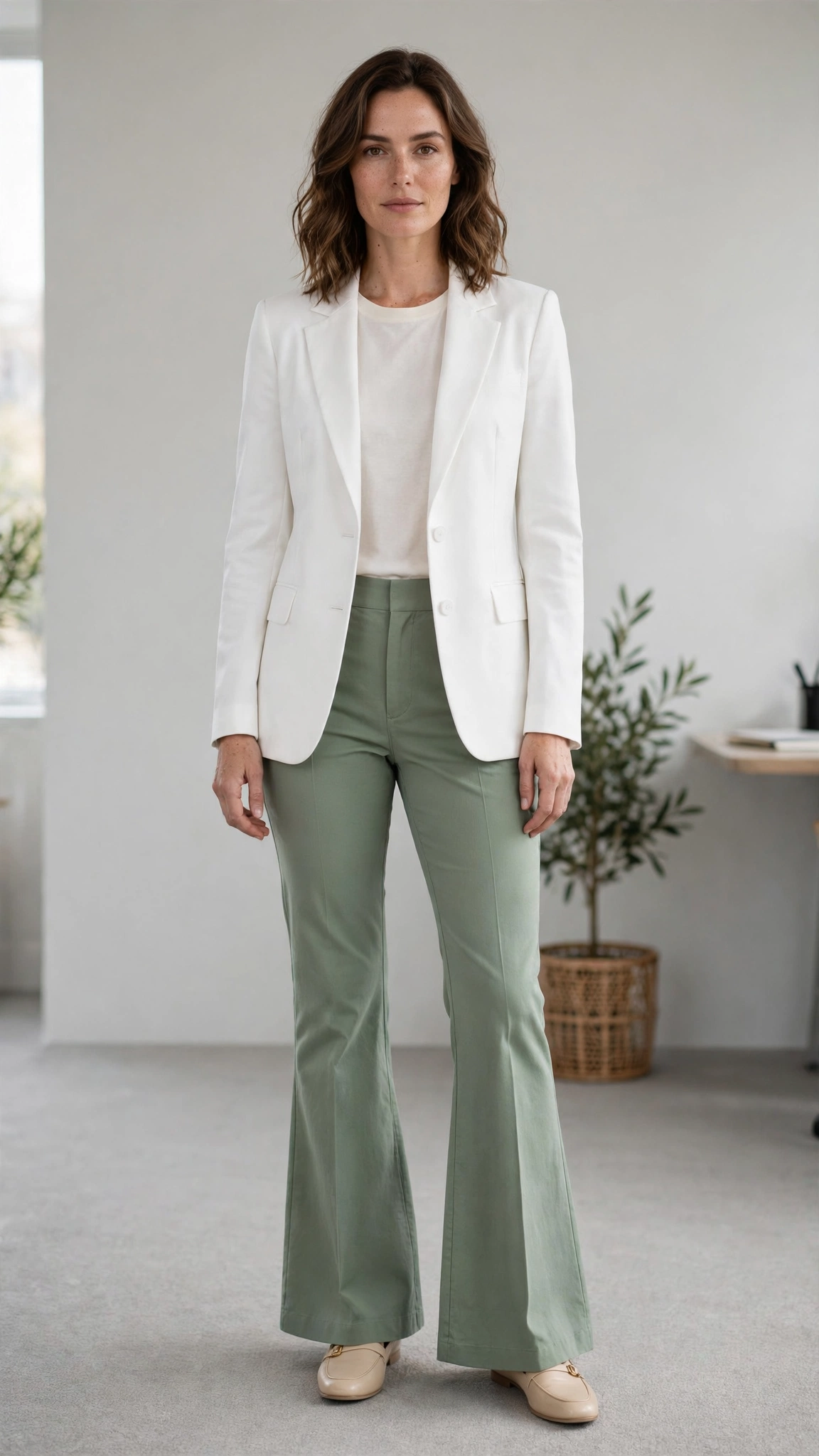 Sage green flared trousers with a structured white blazer