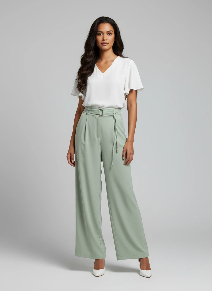 Sage green tailored trousers with a white peplum top