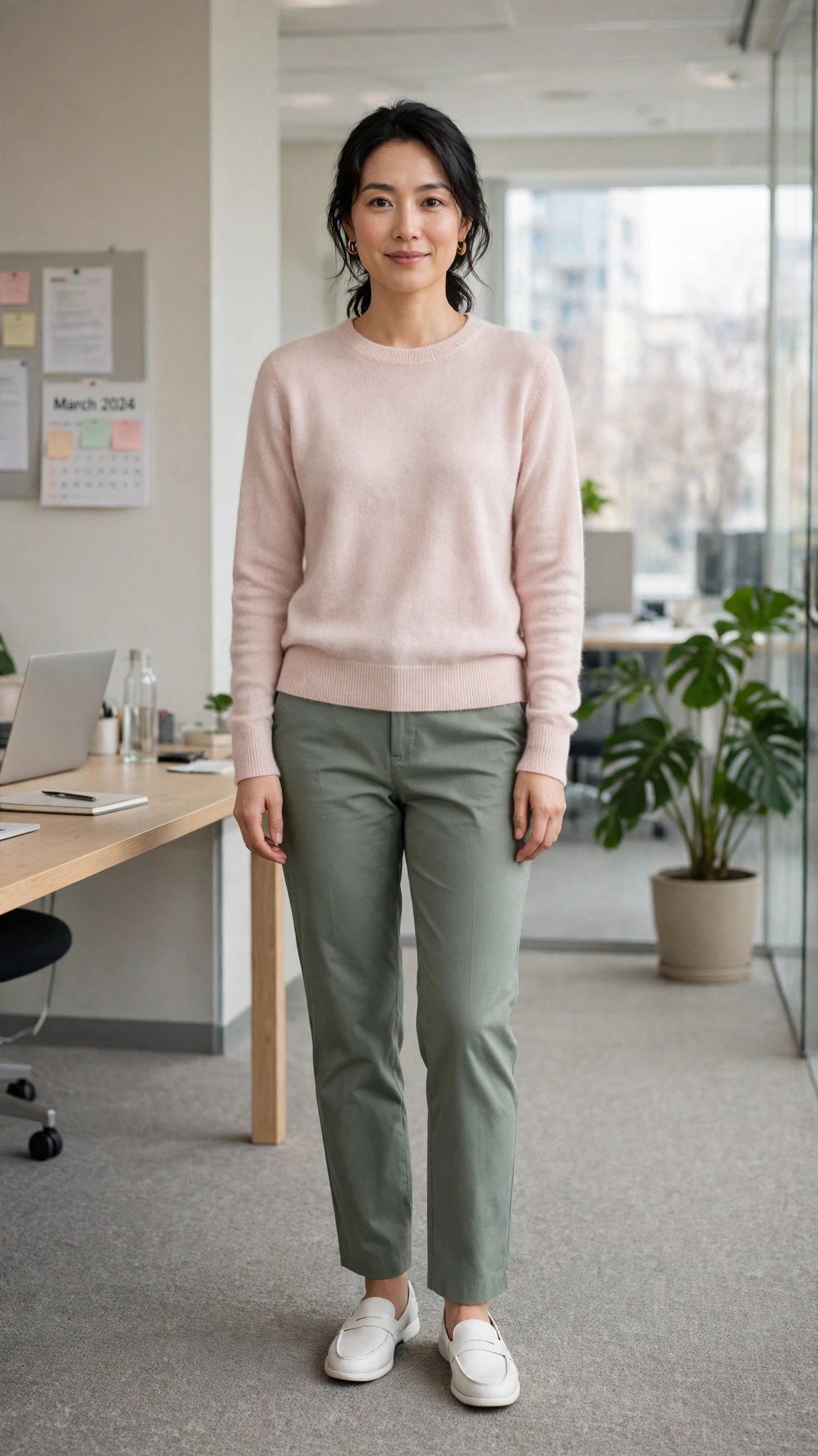 Sage green straight-leg trousers with a pale pink cashmere sweater