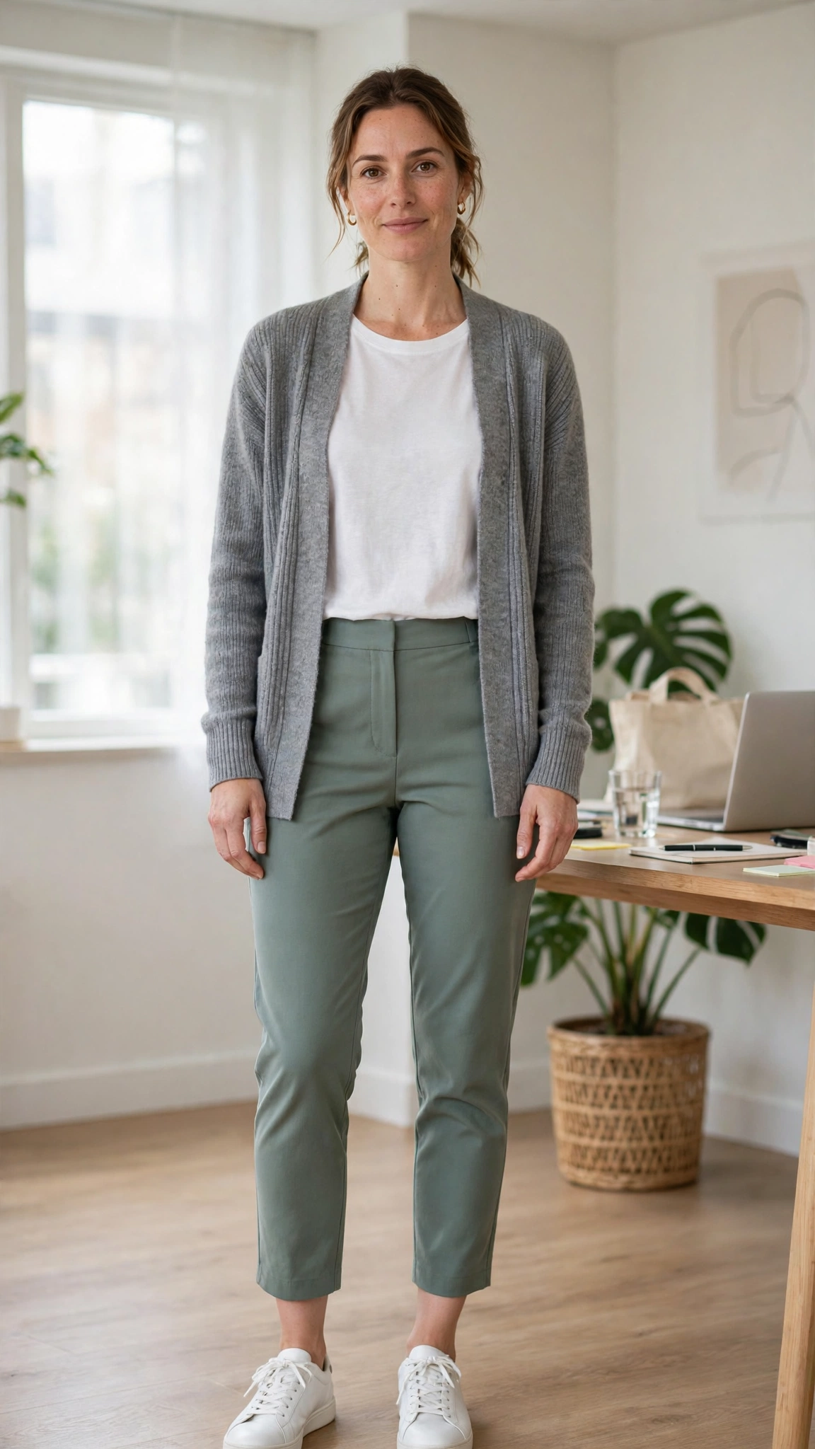 Sage green cropped trousers with a soft grey cardigan
