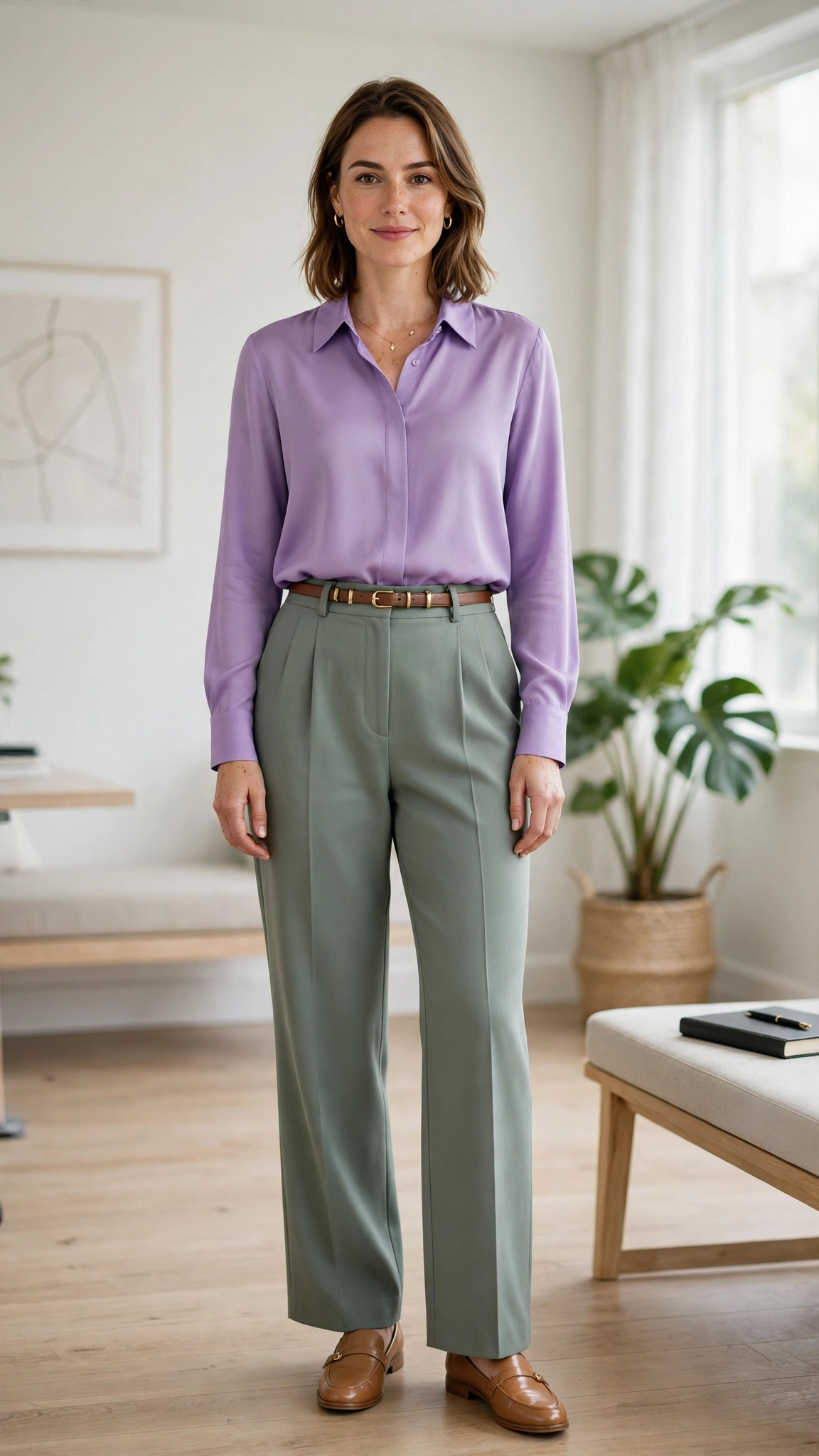 Sage green high-waisted trousers with a lilac blouse