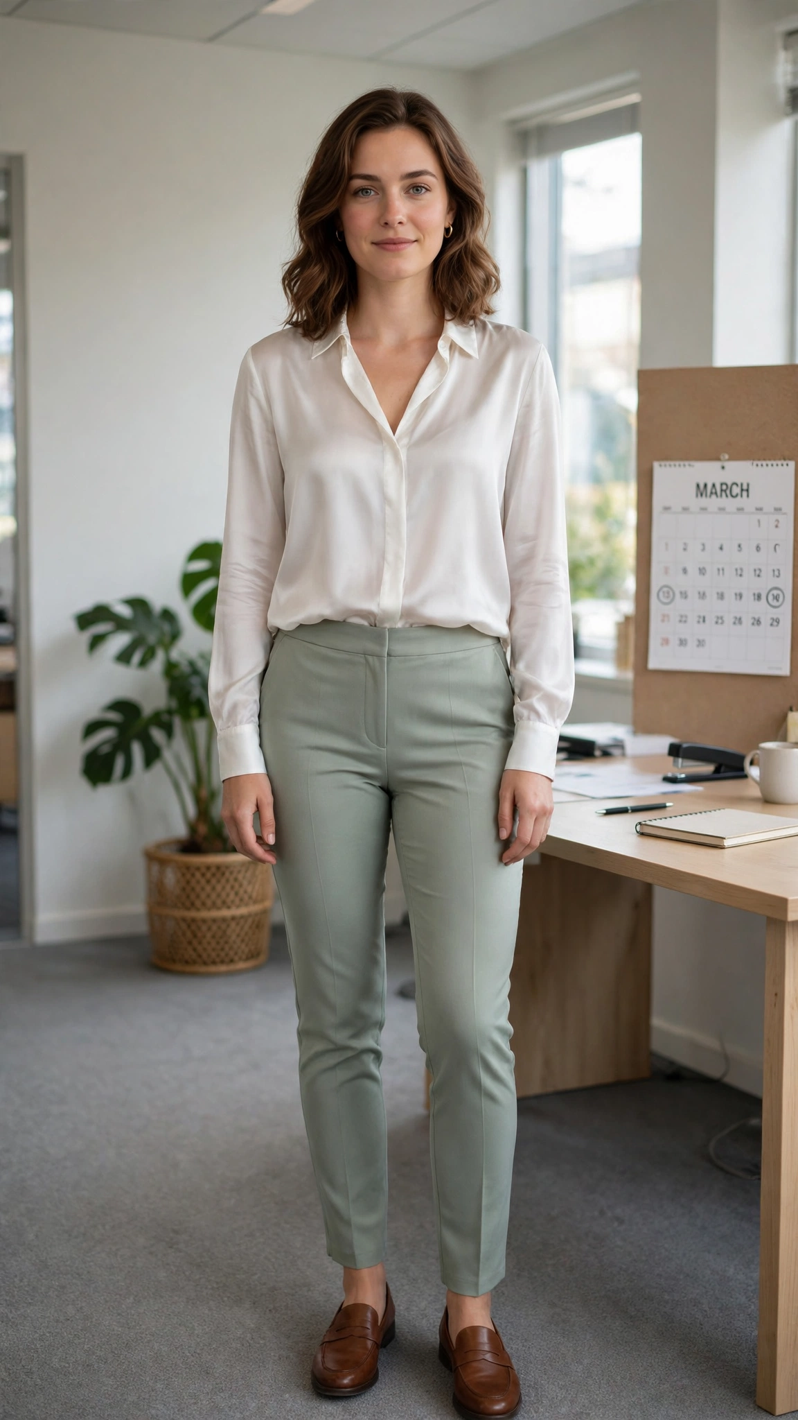 Sage green slim trousers with a white silk blouse