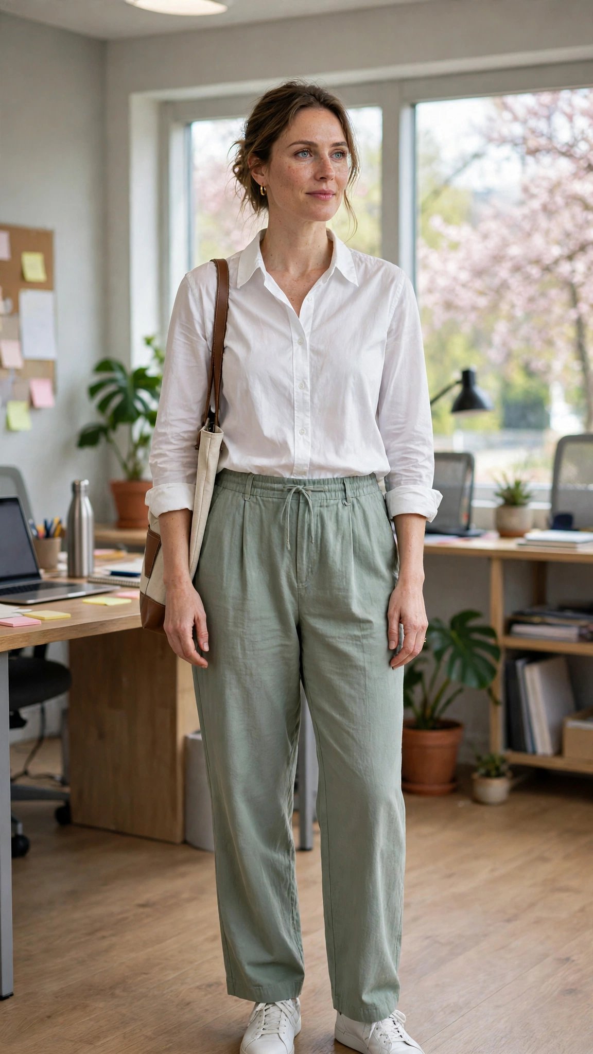 Sage green relaxed trousers with a white shirt