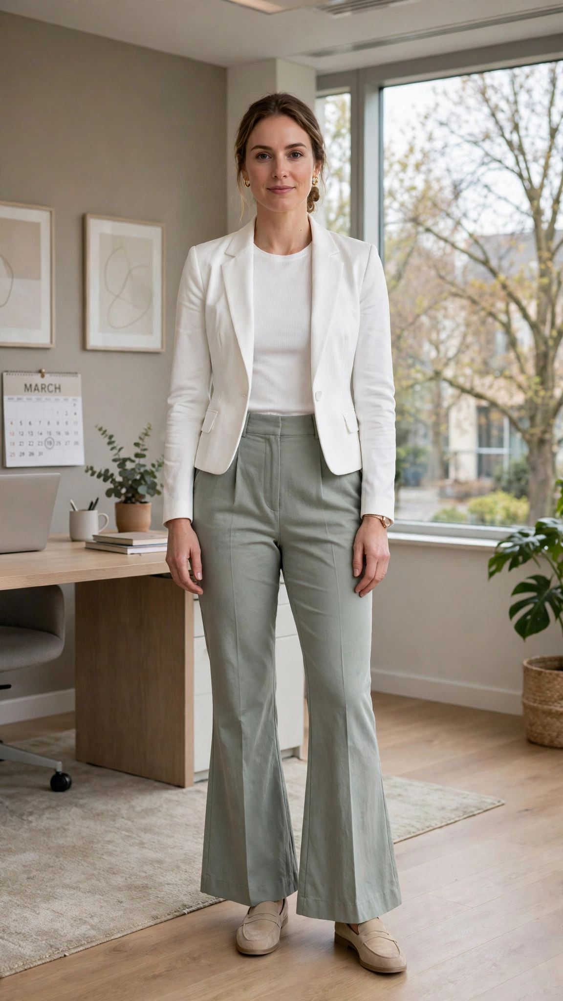Sage green flared trousers with a white fitted jacket