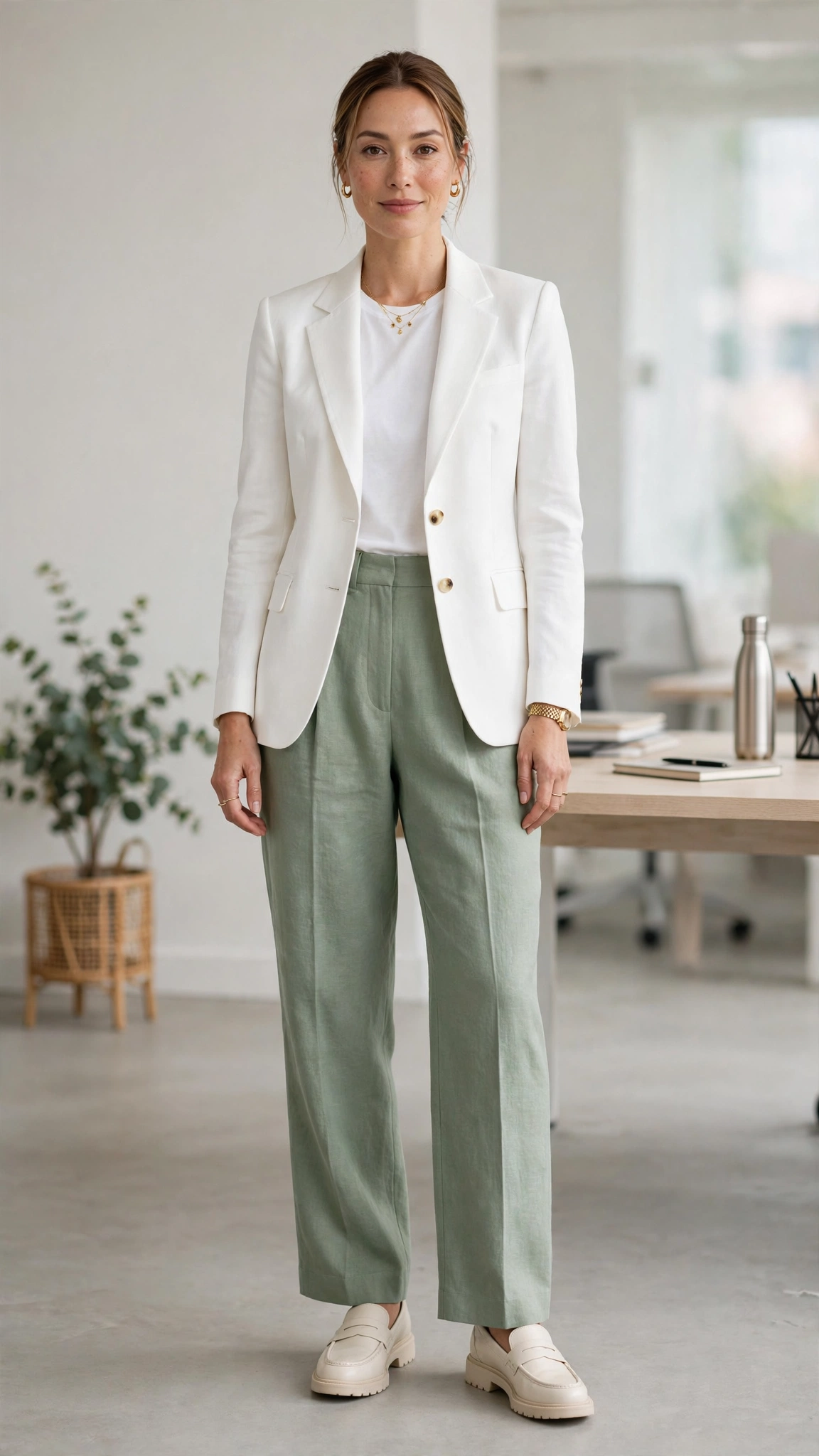 Sage green linen-blend trousers with a structured white blazer
