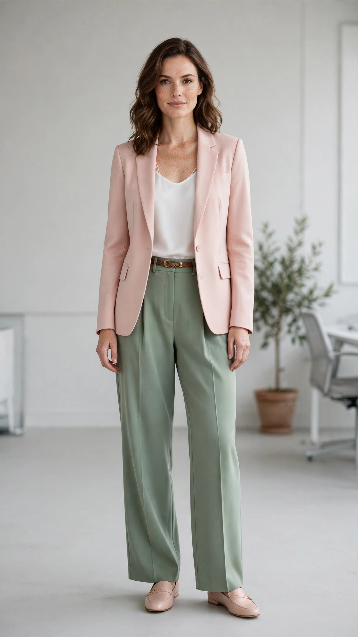 Sage green crepe trousers with a blush blazer