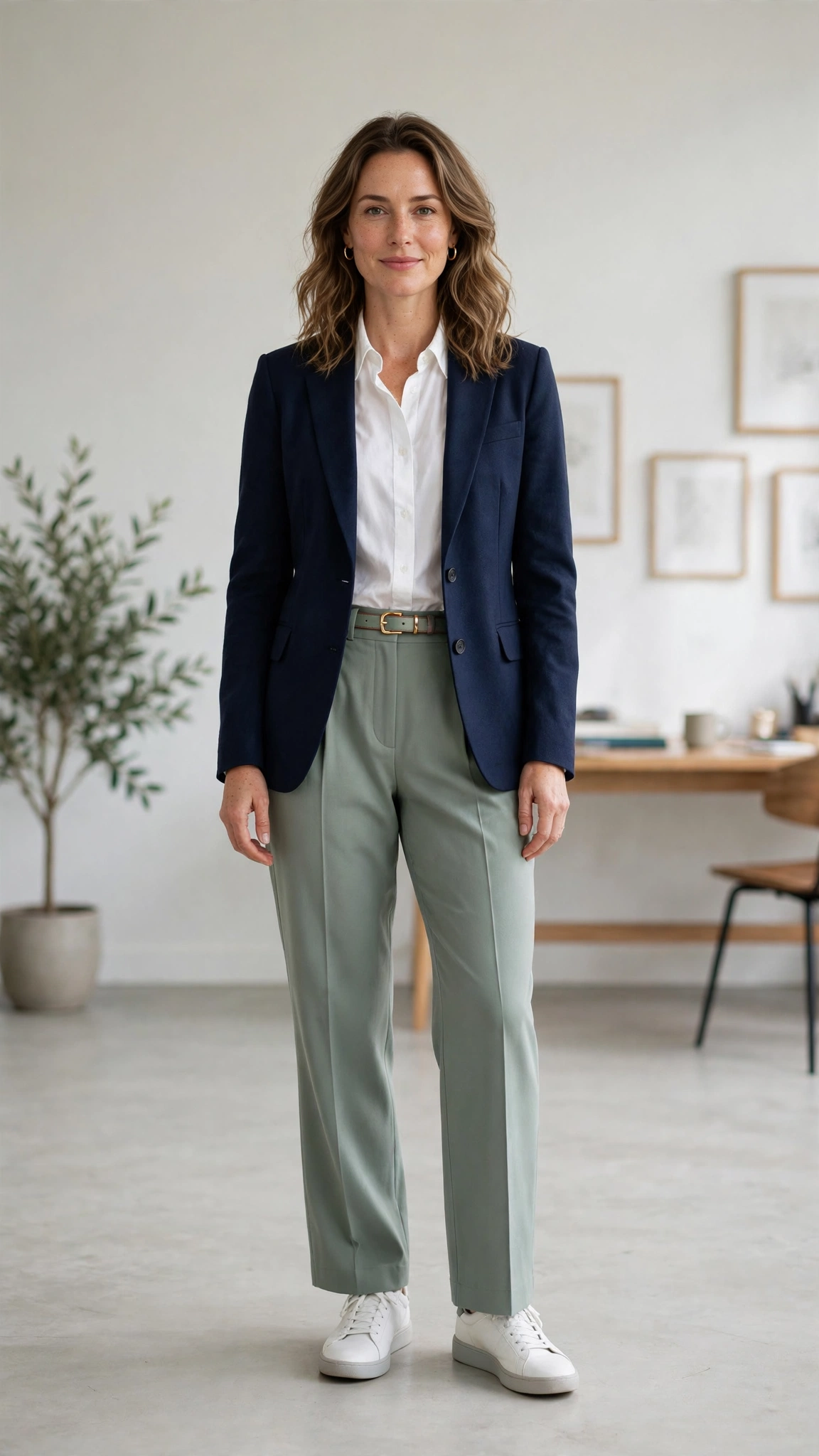Sage green tailored trousers with a navy blazer