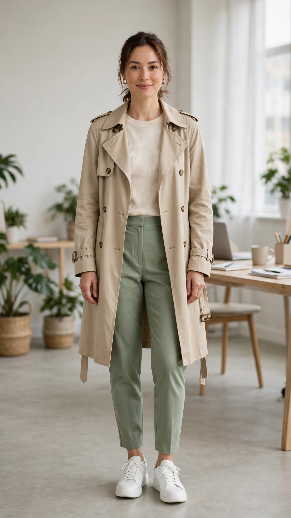 Sage green tapered trousers with a beige trench coat