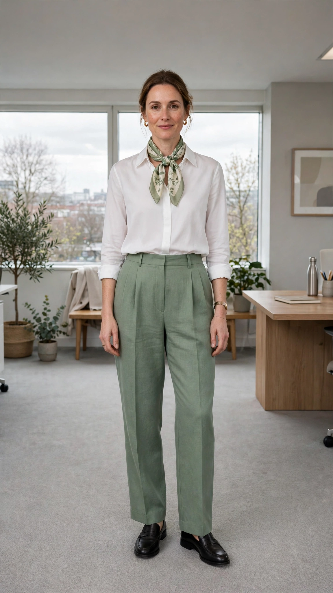 Sage green pleated trousers with a silk scarf and white blouse