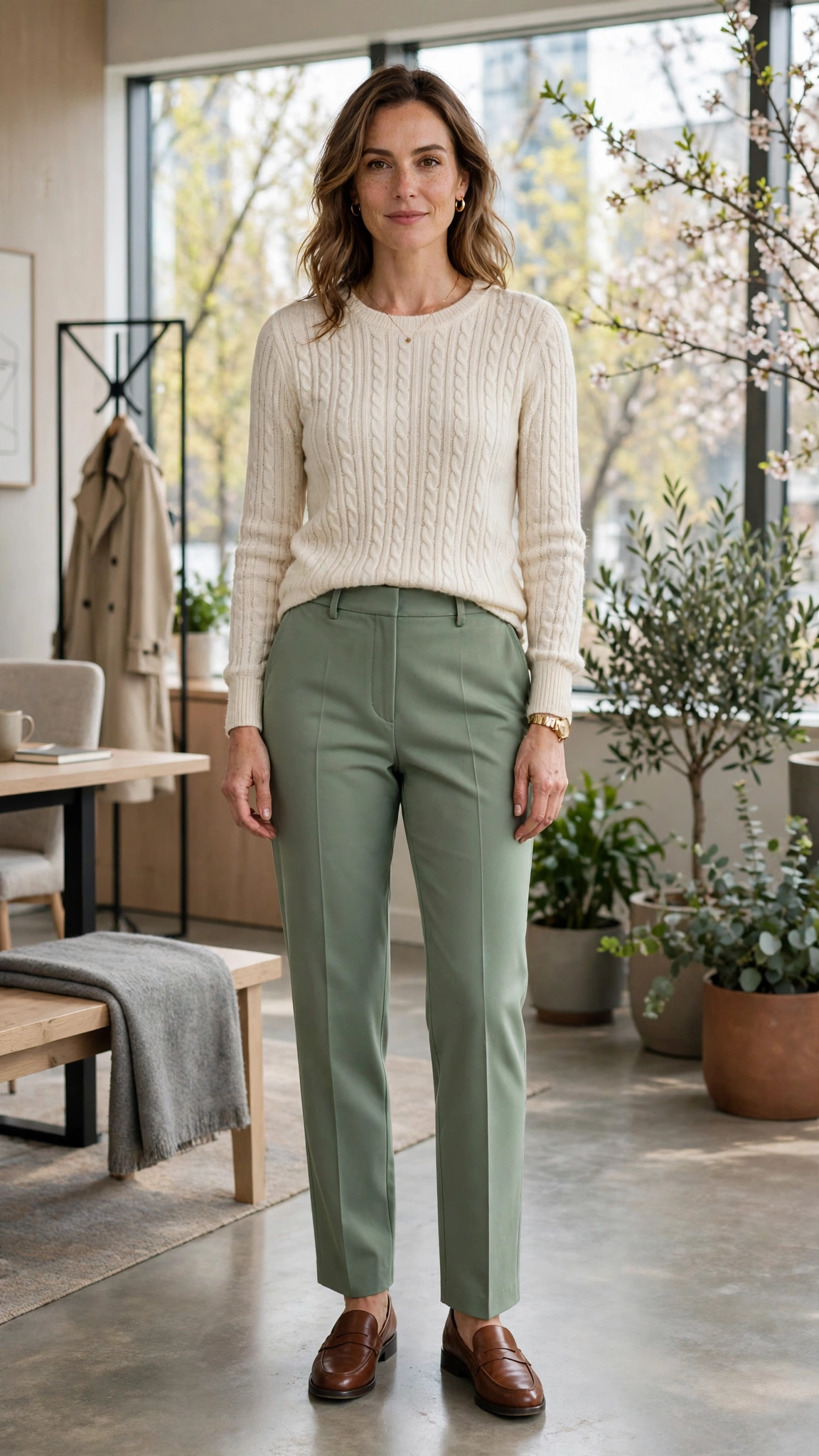 Sage green straight-leg trousers with a cream knit top