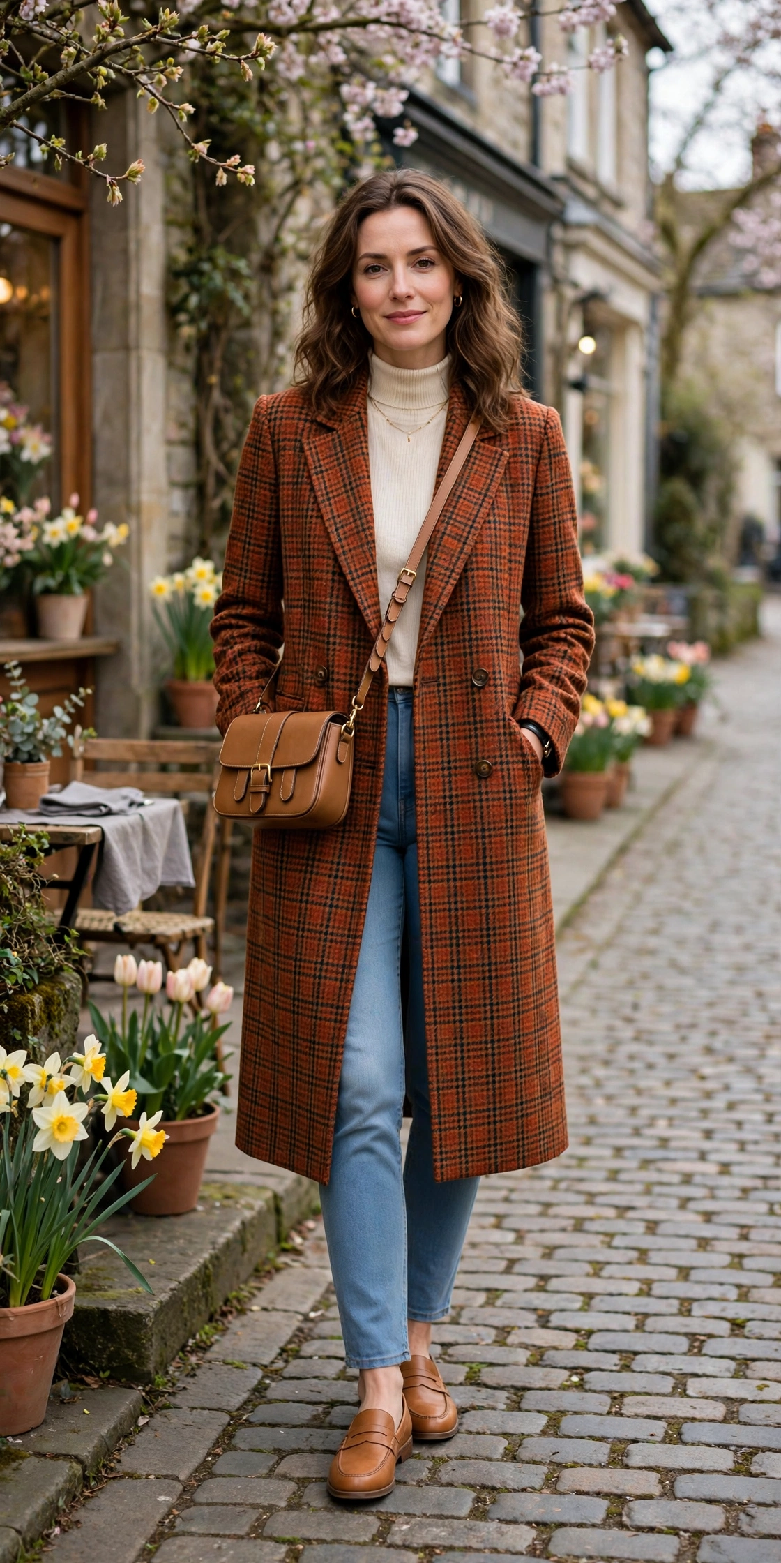 Rust Check Long Tweed Blazer with tan leather loafers