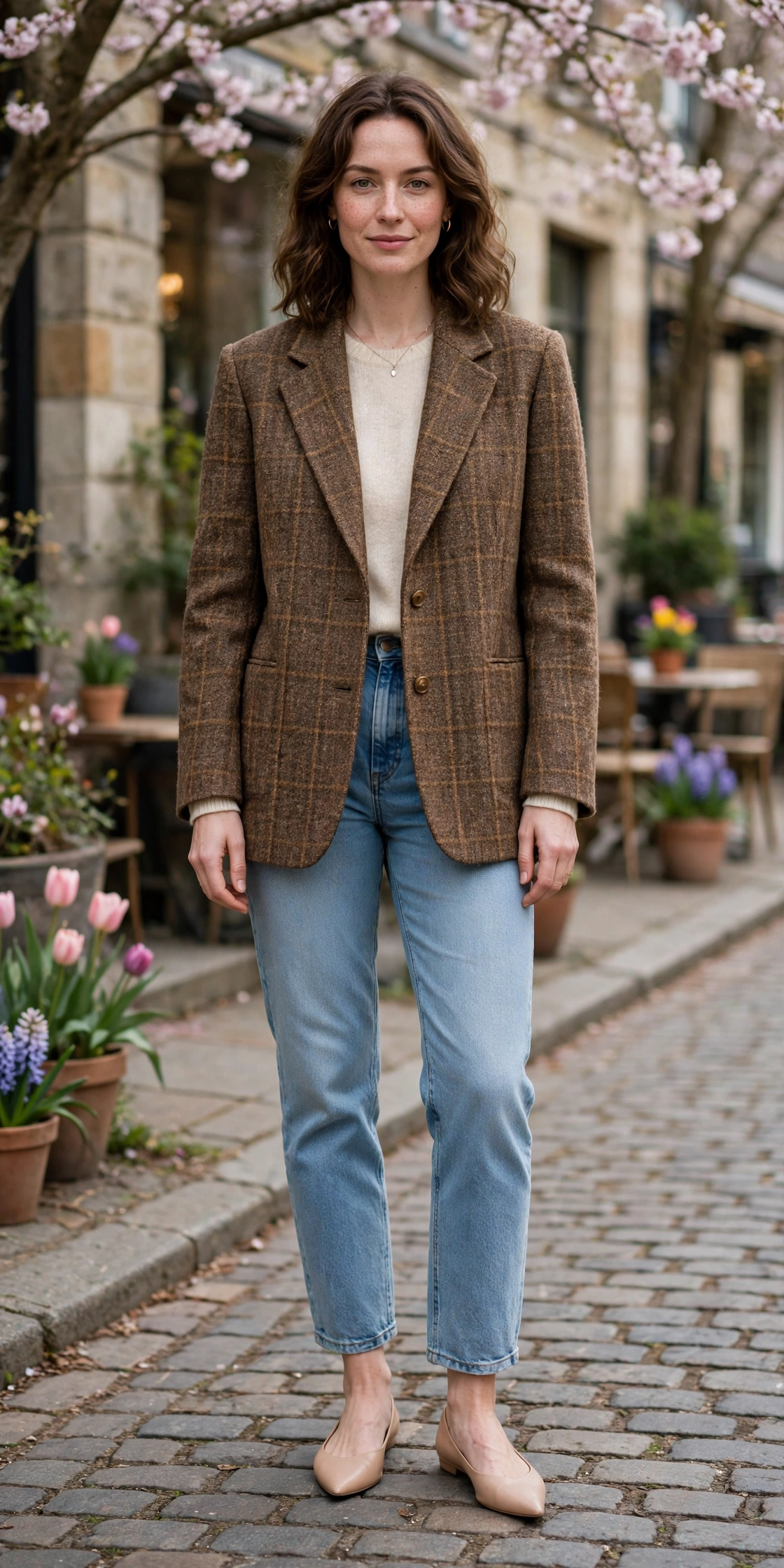 Brown Tweed Check Boxy Tweed Blazer with nude pointed flats