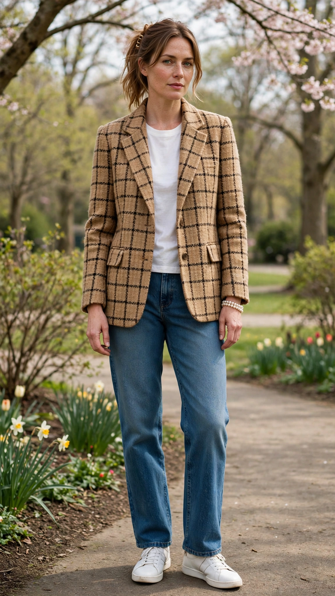 Camel Tweed Check Tweed Check Jacket with a pearl bracelet