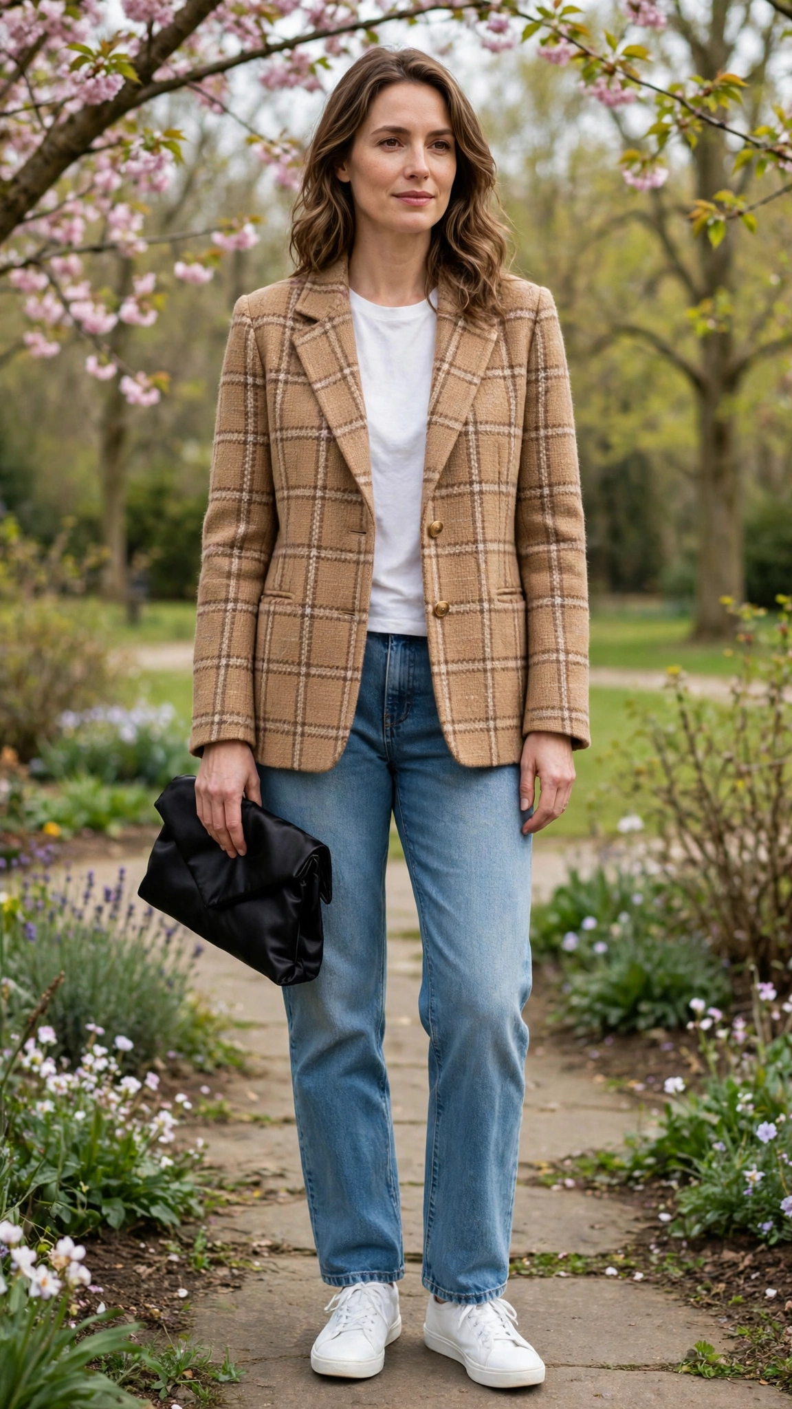 Camel Tweed Check Tweed Check Jacket with a black satin clutch