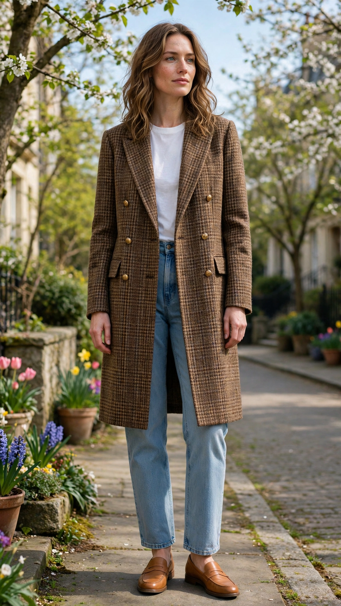 Brown Tweed Check Long Tweed Blazer with tan leather loafers