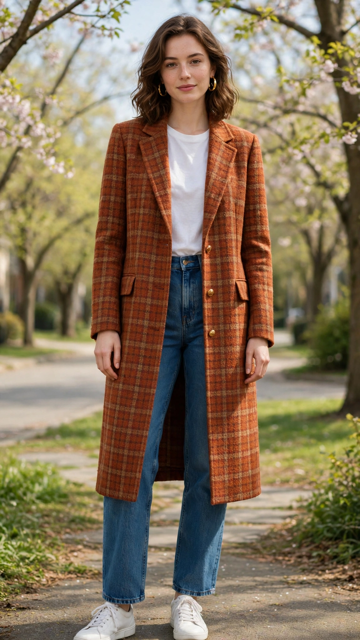 Rust Check Long Tweed Blazer with gold hoop earrings
