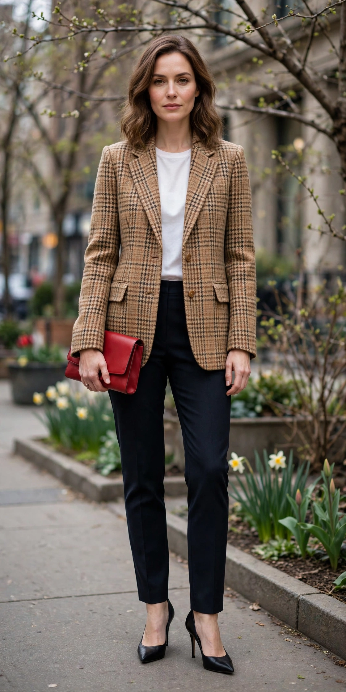 Camel Tweed Check Tweed Check Blazer with a red clutch