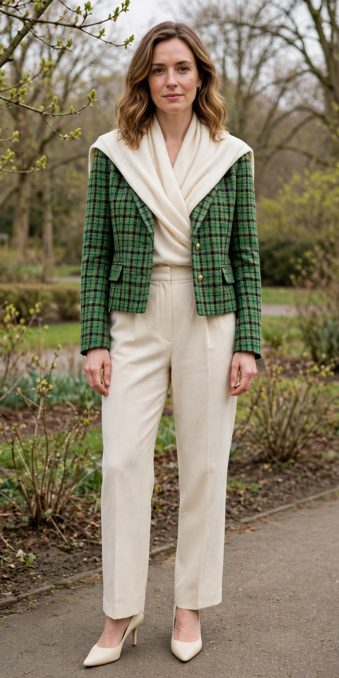 Green Tweed Check Cropped Tweed Blazer with a cream wrap
