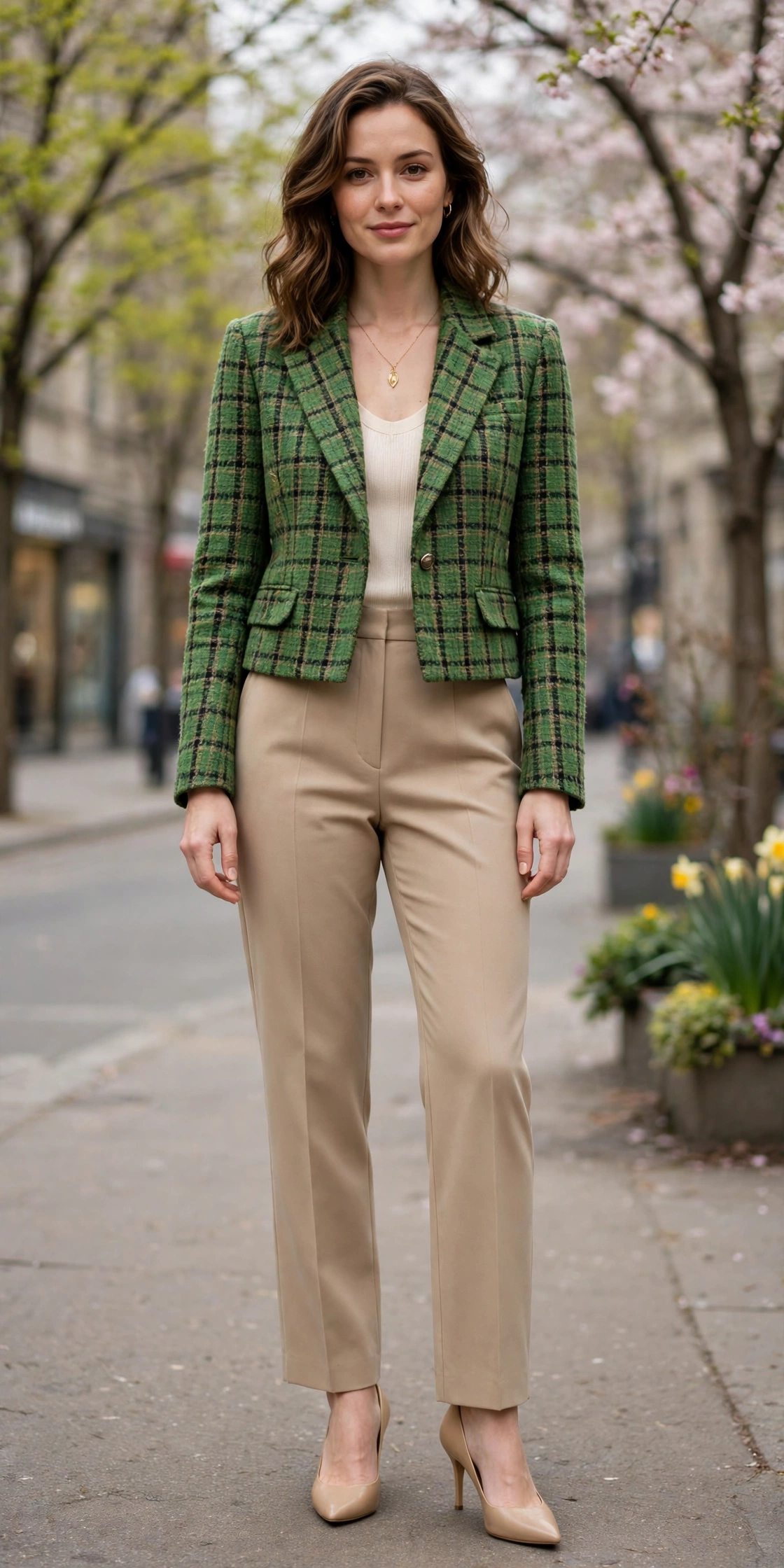 Green Tweed Check Cropped Tweed Blazer with a gold pendant necklace