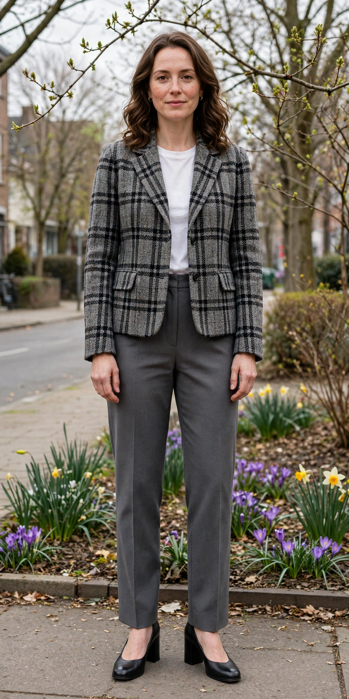 Grey Tweed Check Tweed Check Jacket with black block-heel pumps