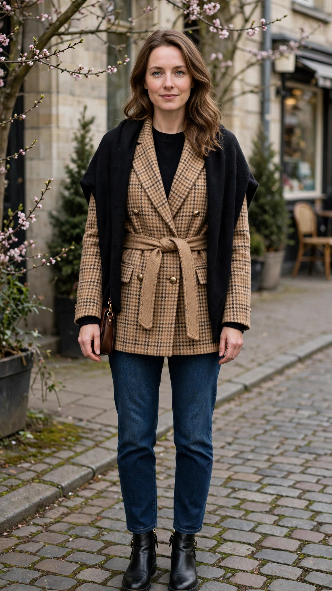Camel Tweed Check Belted Tweed Blazer with a soft black shawl