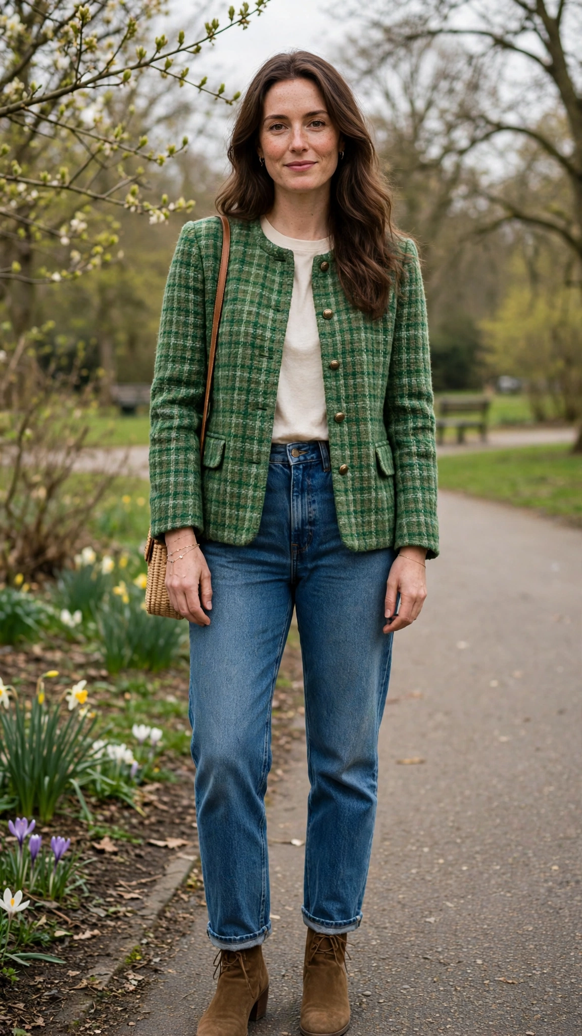 Green Tweed Check Tweed Check Jacket with a delicate gold bracelet