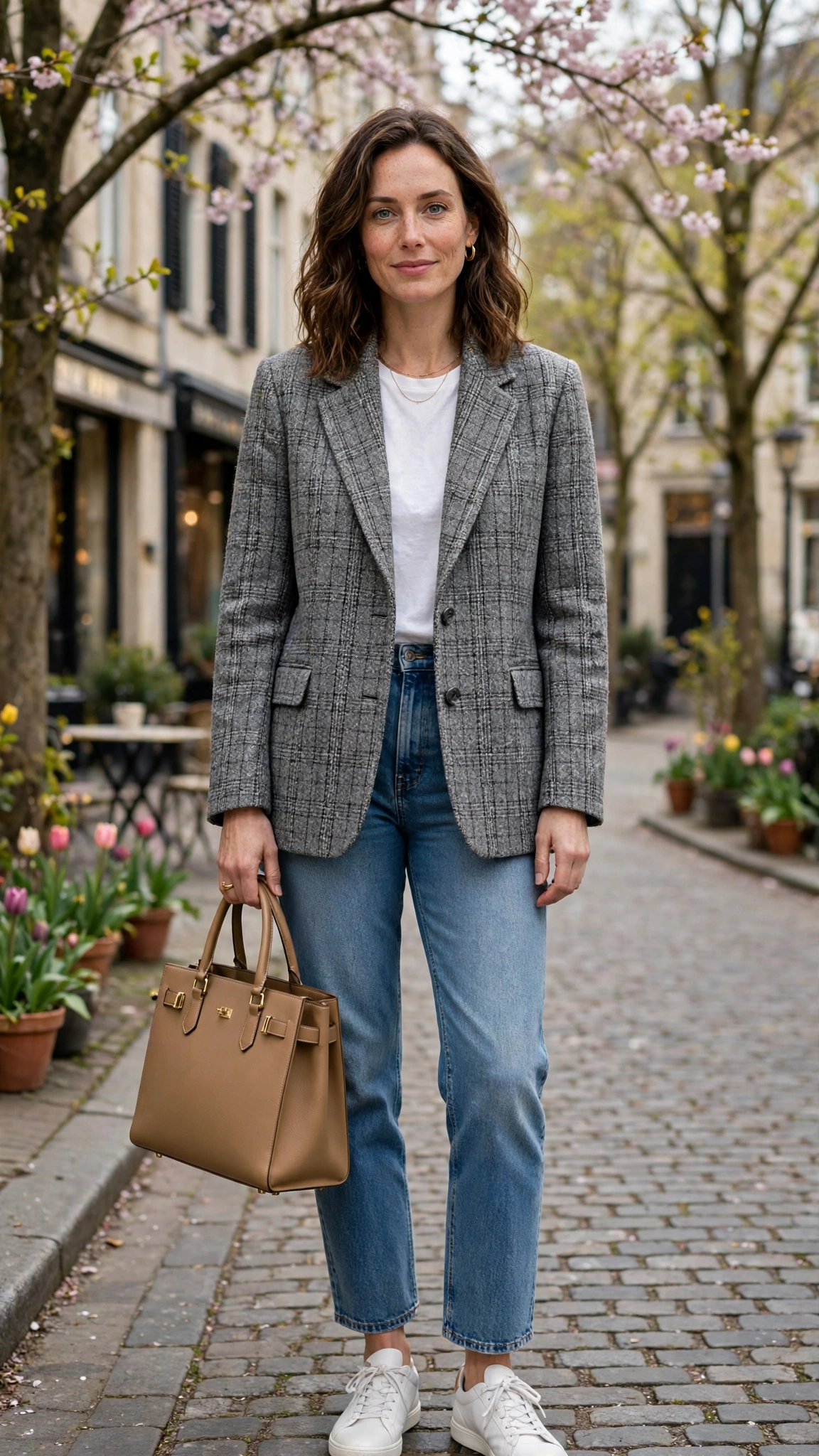 Grey Tweed Check Boxy Tweed Blazer with a structured tote