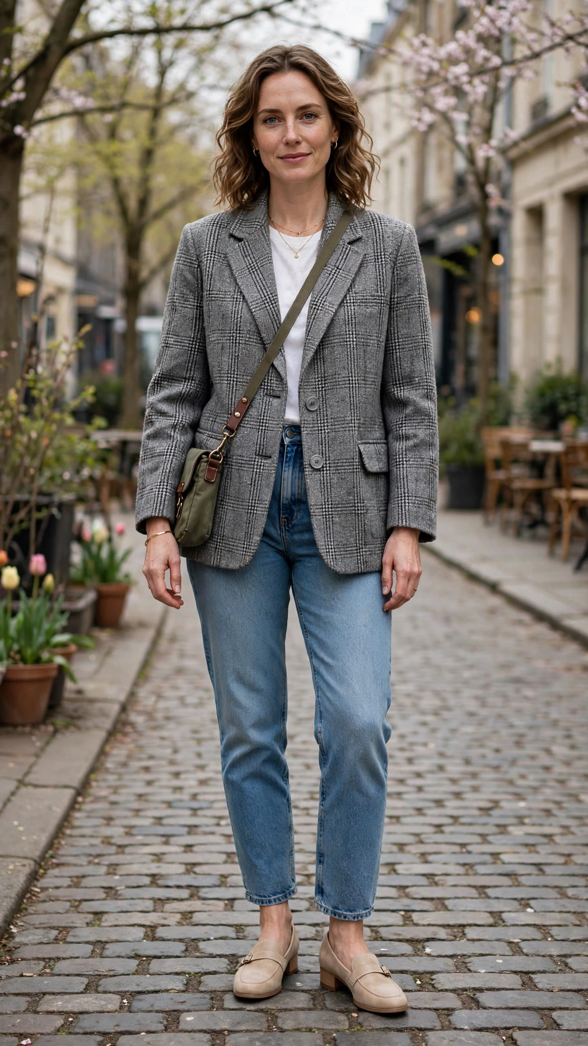 Grey Tweed Check Boxy Tweed Blazer with comfortable low heels