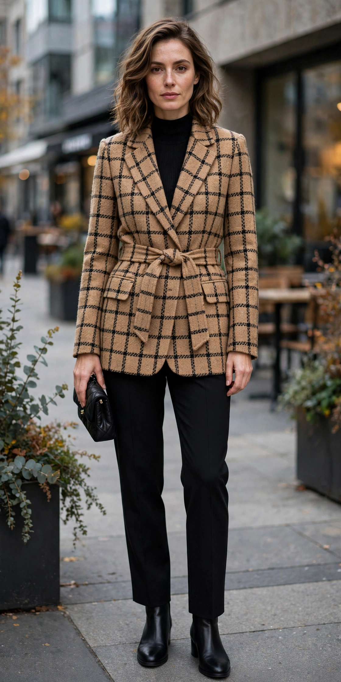 Camel Tweed Check Belted Tweed Blazer with a small black clutch