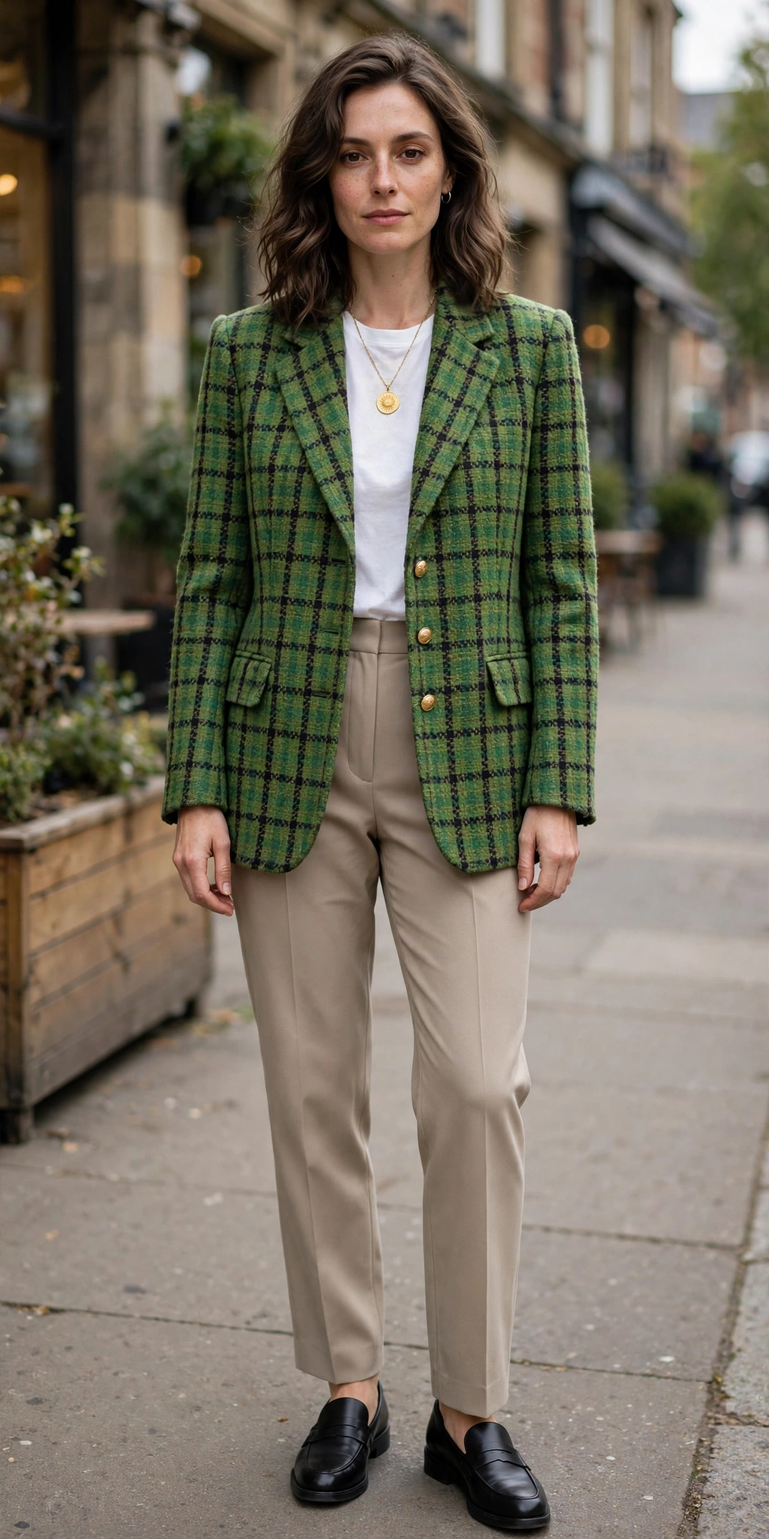 Green Tweed Check Boxy Tweed Blazer with a gold pendant necklace