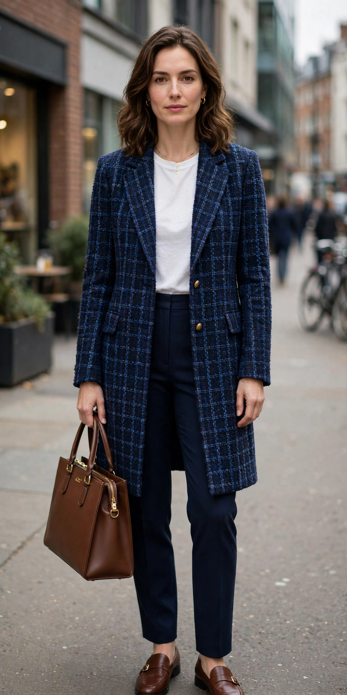 Navy Tweed Check Long Tweed Blazer with a structured tote