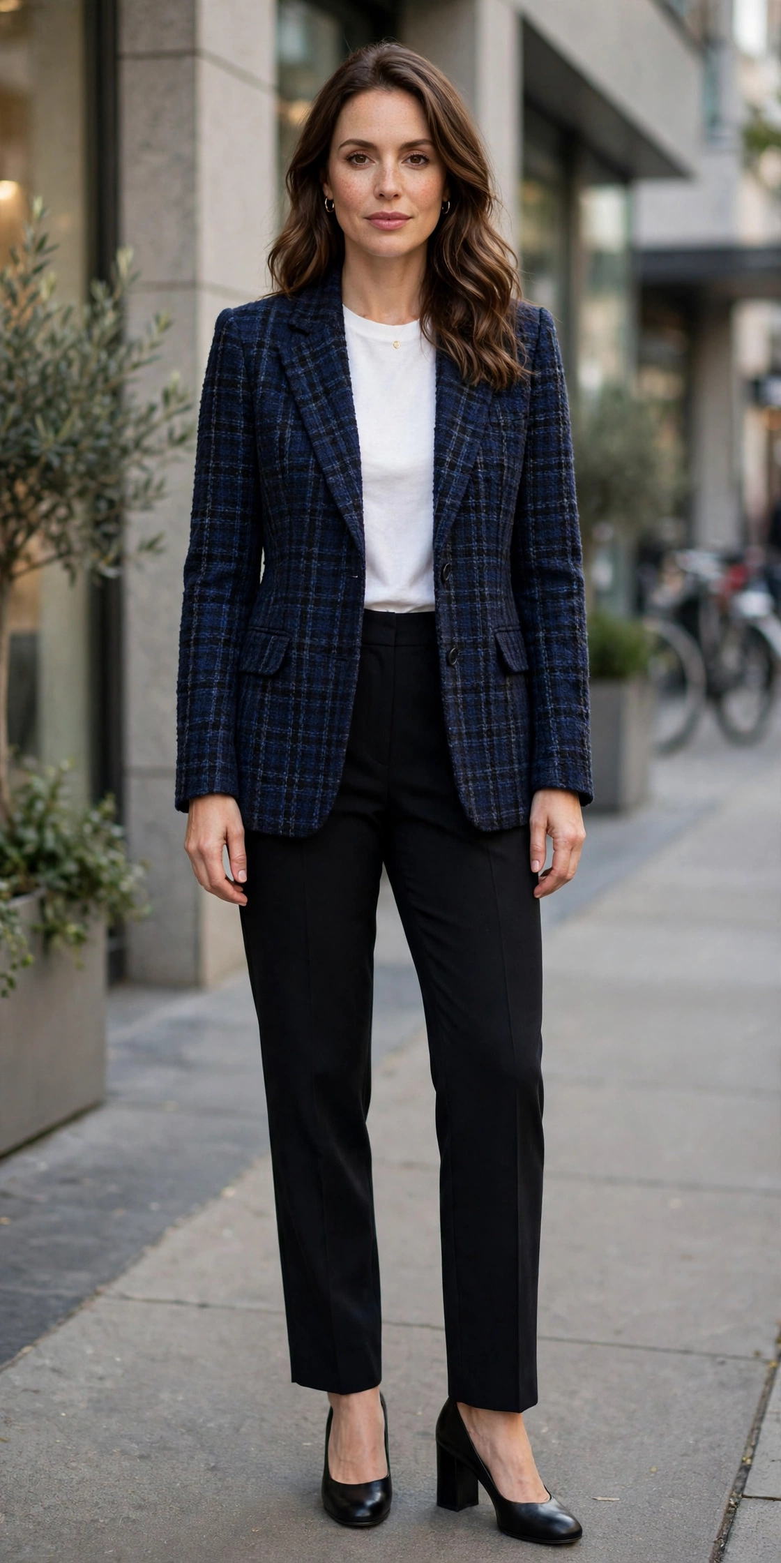 Navy Tweed Check Tweed Check Blazer with black block-heel pumps
